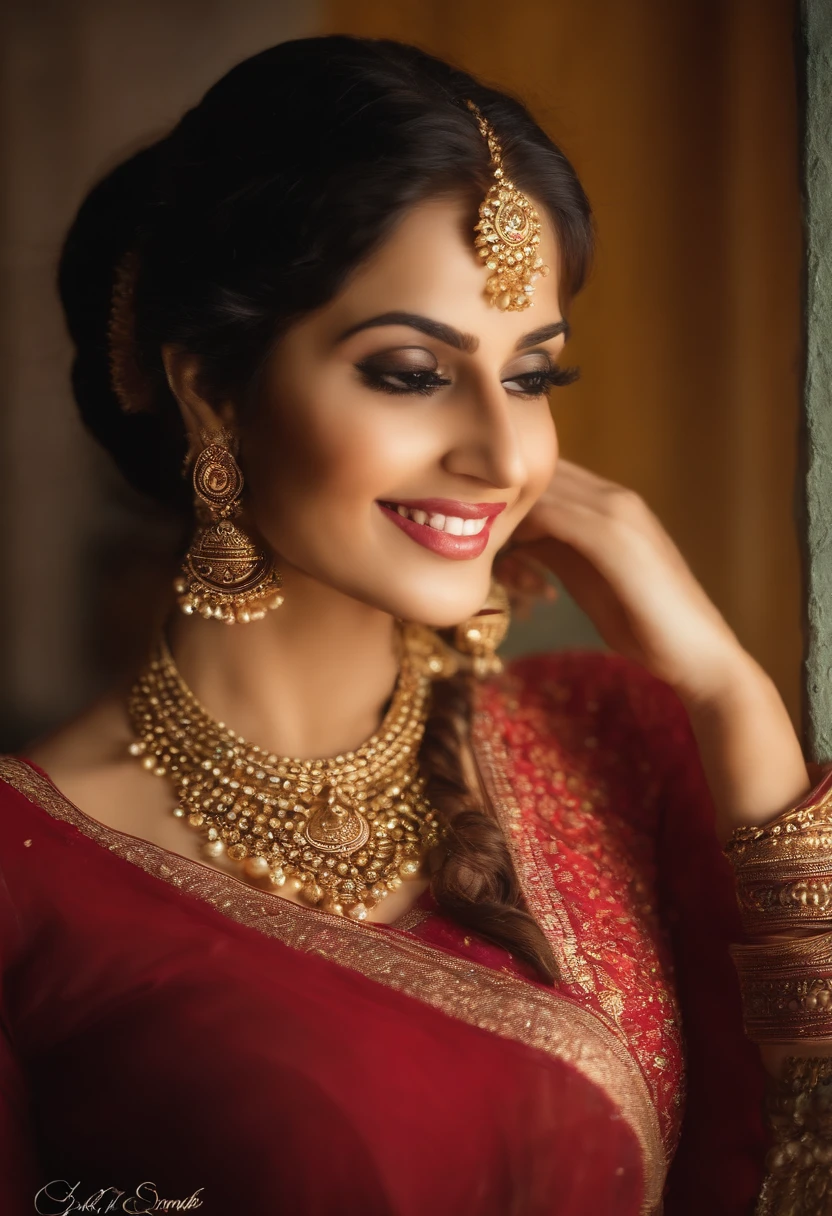 Big ass girl realistic Pakistani sexy, In Indian Ethnic Dress, Salwar Suit, Red Colour, Earings, Necklace, Bangles, Eye lash, Long Dark brown hair, 30yo, Active, Smiling, looking at someone, face front facing, Big boobs