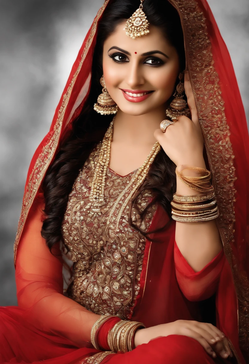 Big ass girl realistic Pakistani sexy, In Indian Ethnic Dress, Salwar Suit, Red Colour, Earings, Necklace, Bangles, Eye lash, Long Dark brown hair, 30yo, Active, Smiling, looking at someone, face front facing, Big boobs