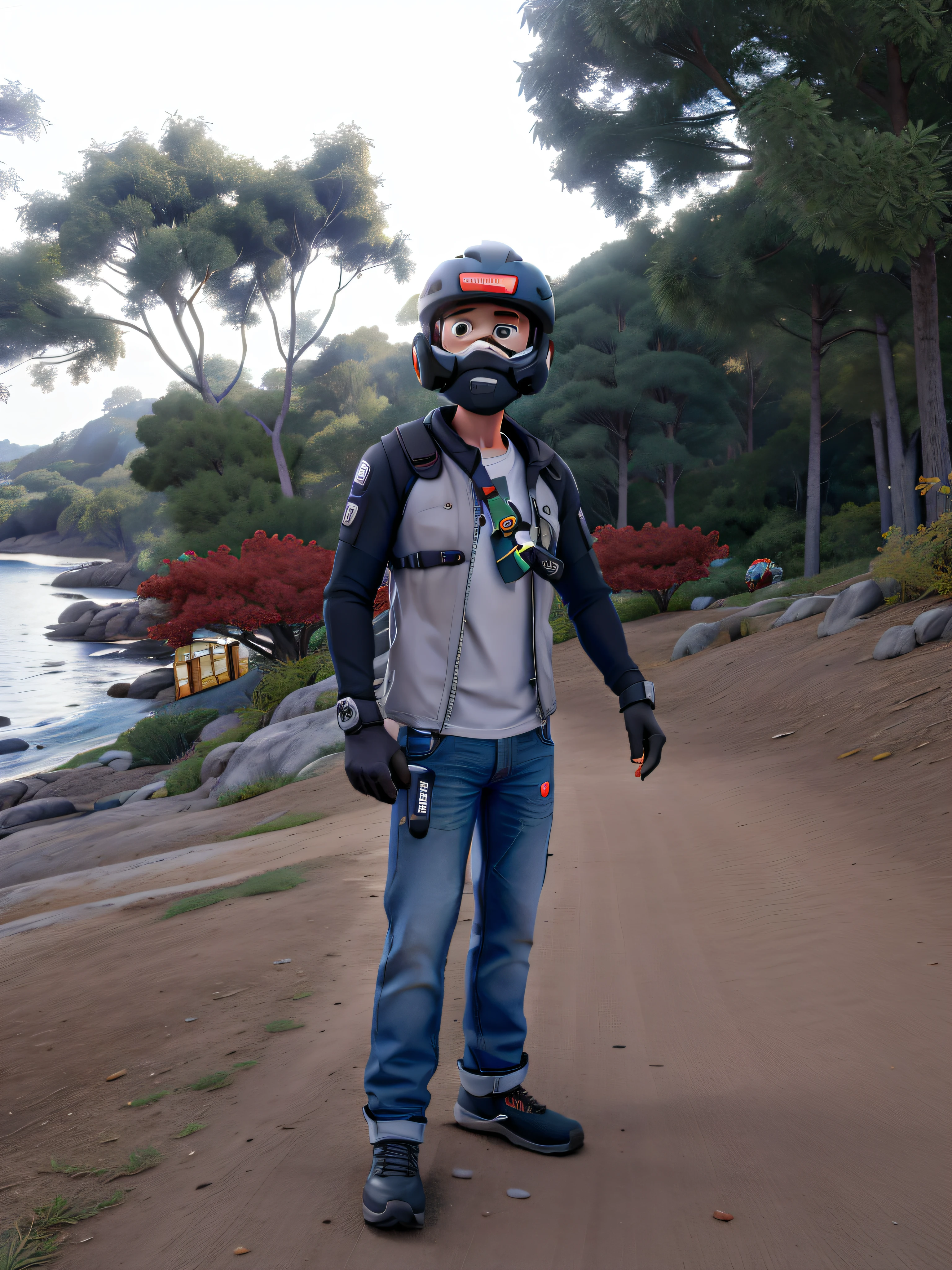 master part, best quality, um homem de capacete vestindo uma camisa de manga comprida e jeans preto, Ao lado de sua motocicleta Pop 110i vermelha, with cell phone in hand with a GoPro on his chest
