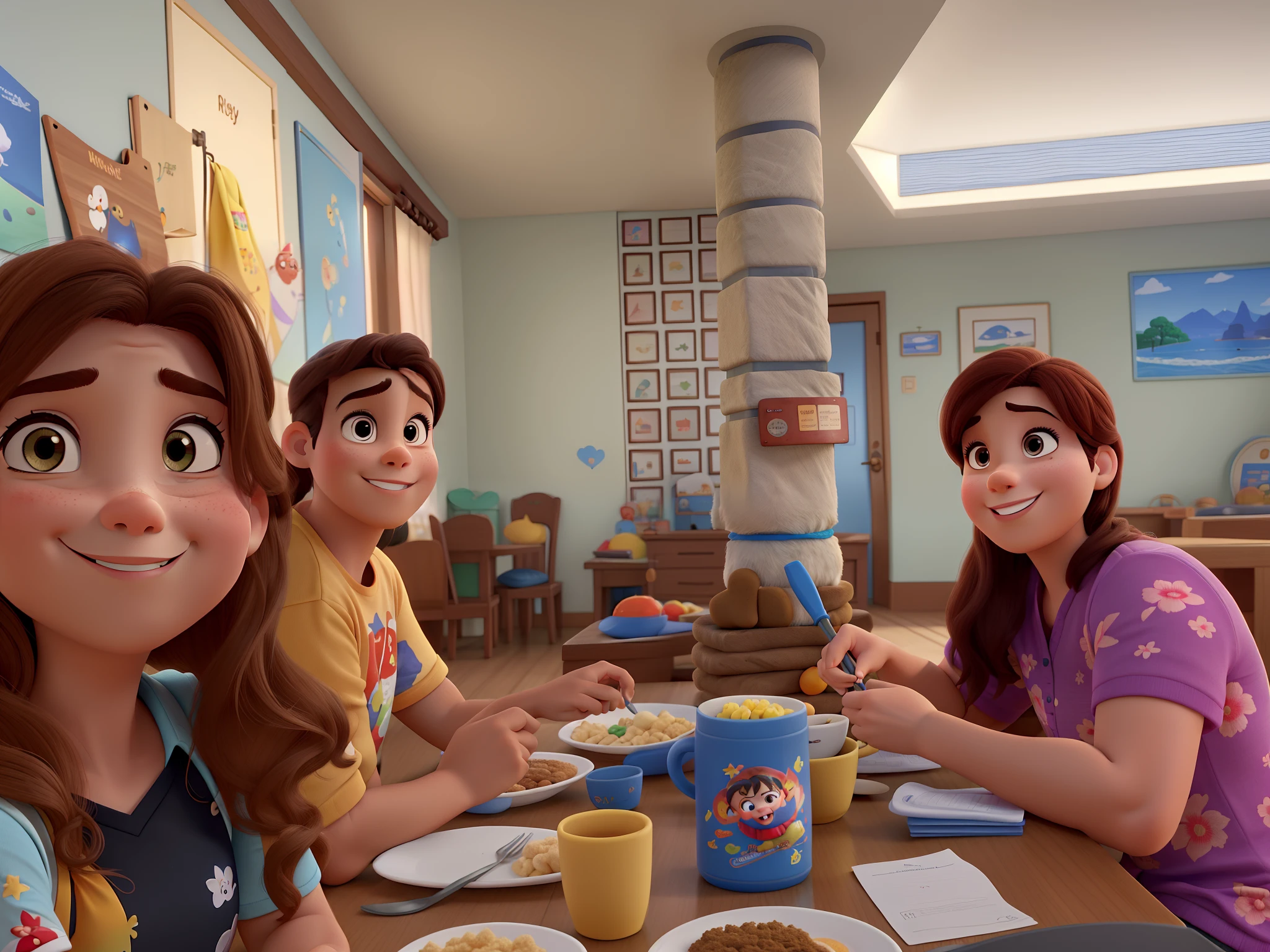 A family of three in the Disney pixar style, alta qualidade, melhor qualidade