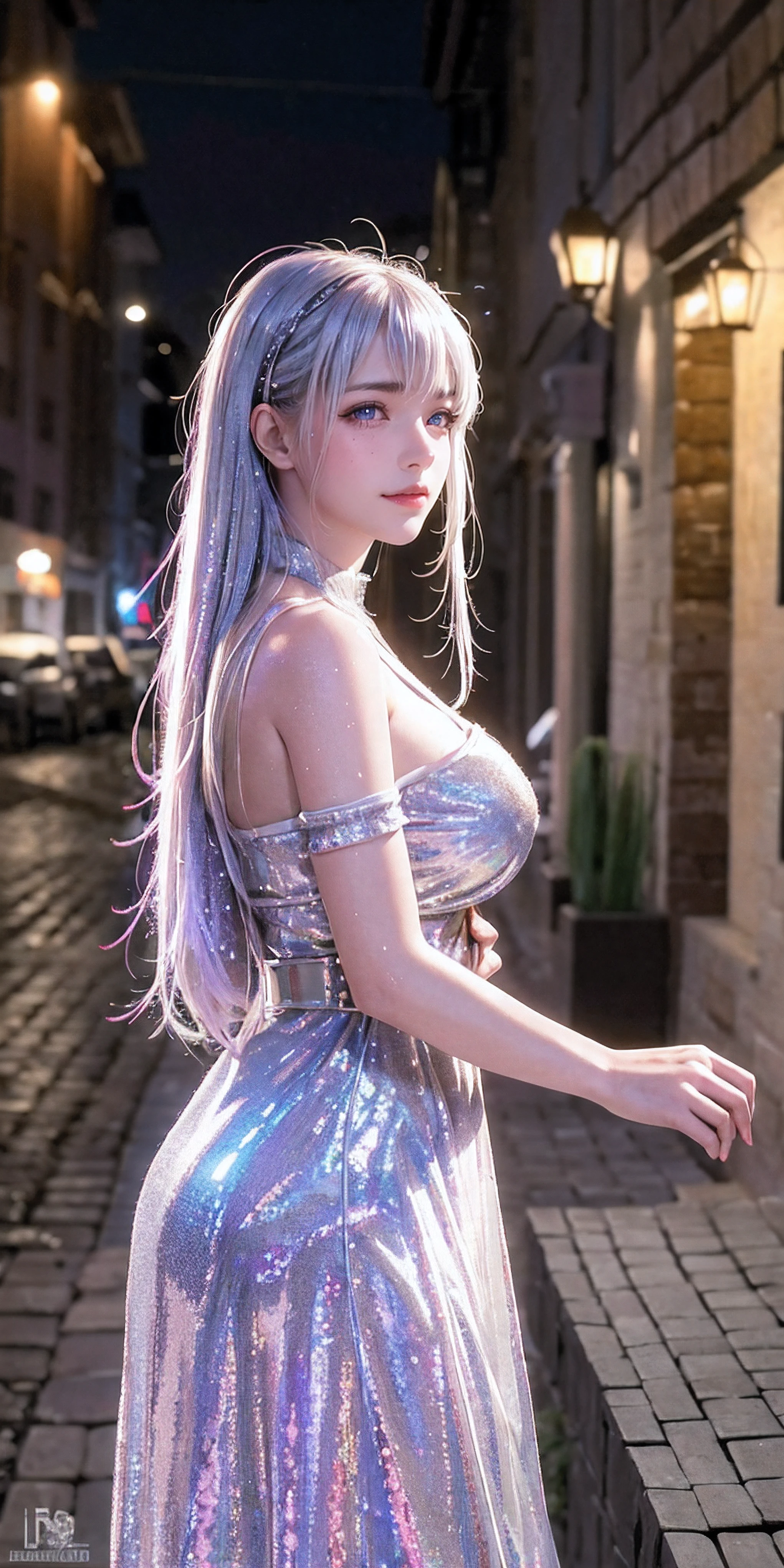 Best quality, masterpiece, ultra high res, (photorealistic:1.4), raw photo, aesthetics and atmosphere, dark shot, film grain, soft focus, bokeh, night shot, masterpiece realistic volumetric light,,1girl, purple eyes, white hair, curly hair, smirk, (freckles:0.8), thigh, medium breasts, upper body, (sparkly:1.3) sequins long cns dress, ray tracing reflection, desert street, path, city lights, incredible sky, relying on the wall, from side,