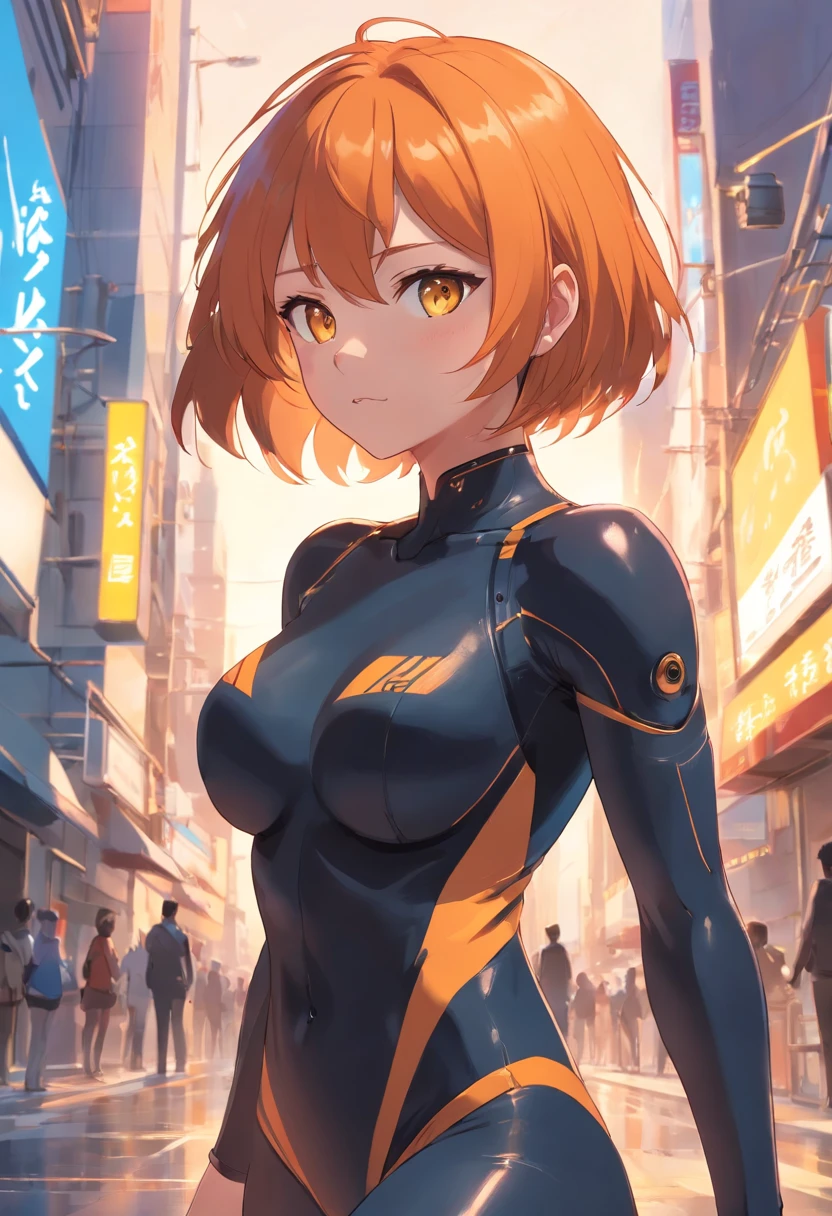 1 female、Orange hair、Colossal tits、Big ass、black rubber suit、yellow eyes、thick thighs、a short bob、wide hips、Thigh muscles