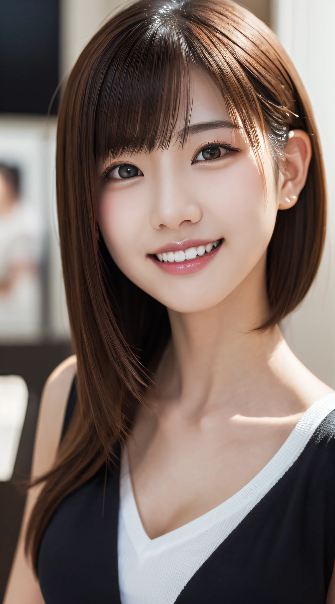 Top quality, masterpiece, super high resolution, (photorealistic: 1.4), 1girl best quality, masterpiece,intricate detail, depth of field,highest quality,extremely detailed,high res,4k,ultra high res,detailed shadow,ultra realistic,realistic,dramatic lighting,1girl,solo,detailed face,detailed eye,realistic skin,Japan Beauties、Modern style、Smiling and seeing white teeth and healthy、Images that become popular on social media、Best Real Image Quality and People、Best Lighting、The most popular images、