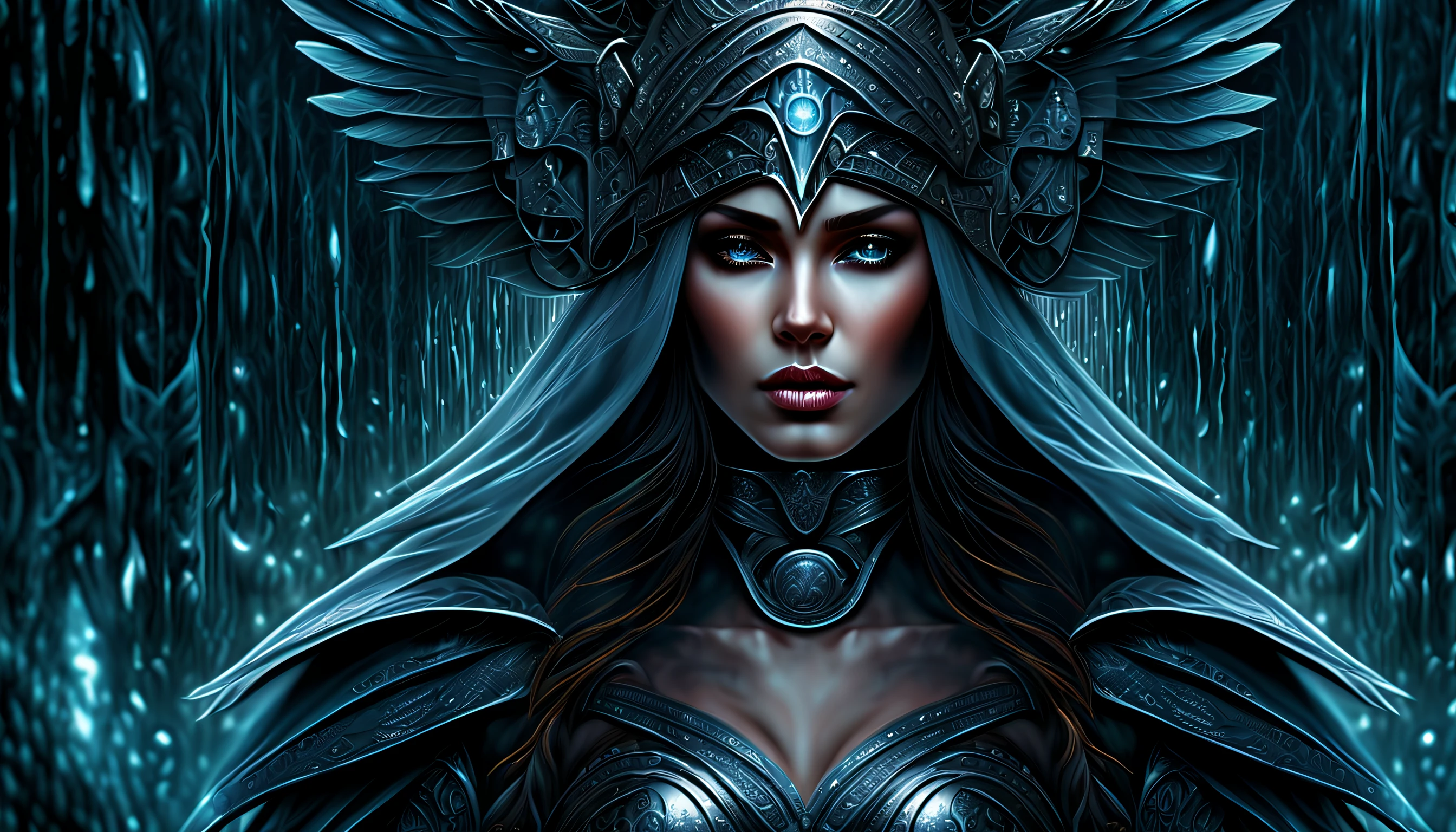 (((perfect representation rain true night:1.5))), fierce determination, (((seems to be channeling the darkest of midnight rain:1.5))). (((deep depth dark night coating:1.3))), connection to the dark rain elements, get lost in the beauty, stunning cityscape filled with fantastical buildings, dressed in elaborate, otherworldly attire, level of detail in truly remarkable, making perfect inspiration for generated image, imagination run wild with combines elements of dark fantasy and eternal fantasy, from the intricate details of the fantastical buildings to the ethereal beauty of the landscape, (((prepare to be amazed by the Valkyrie's, a masterpiece of intricate details and stunning visuals:1.4))). white armor, symbol of purity and strength, expertly detail rendered with a touch of elegance. legendary spear, held delicately in her hand, adds to the overall grandeur of the image. veil of mist flows around her, her beauty and power are elevated to a whole new level. ultimate representation of perfection, a pen and gouache finest work, genius and creativity, stunning details and rich colors midnight, it brings to life a dark fantasy world that is both dark and enchanting, unique twist to this already amazing masterpiece, along with skillful application of digital paint techniques, (((magical and darkest fantasy landscapes merge to create a breathtaking scene, intricate details of the fantastical architecture:1.2))),