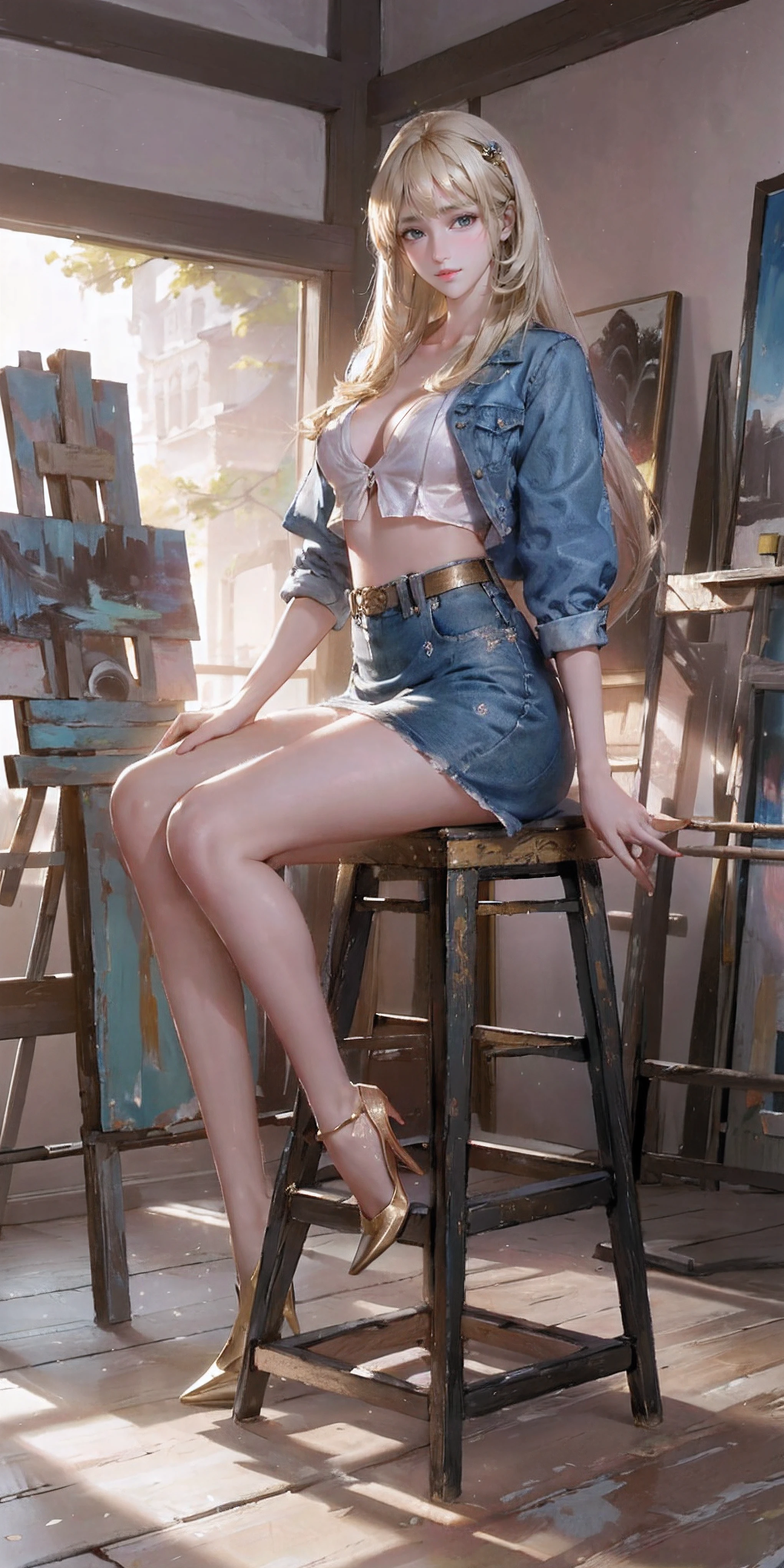 (A high resolution,8K,Best quality:1.2),Beautiful college student,Seductively tall, Campus beauty, Proud, Exotic beauty, Rich heiress, Medium length hair, Blonde hair, Denim skirt, High heels, Art studio, Painting, easel, stool, sitting on a stool, Focus on creating artwork