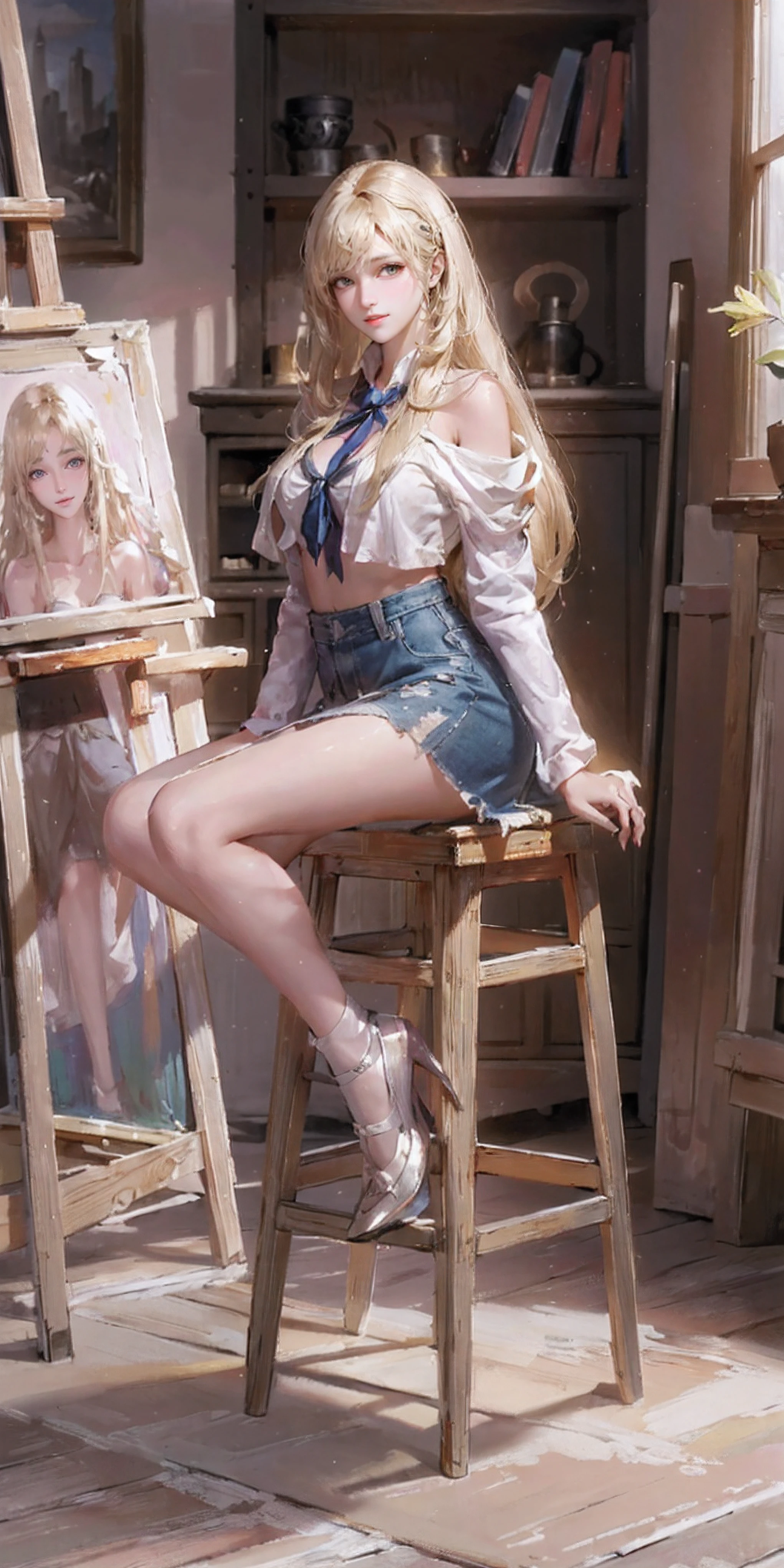 (A high resolution,8K,Best quality:1.2),Beautiful college student,Seductively tall, Campus beauty, Proud, Exotic beauty, Rich heiress, Medium length hair, Blonde hair, Denim skirt, High heels, Art studio, Painting, easel, stool, sitting on a stool, Focus on creating artwork
