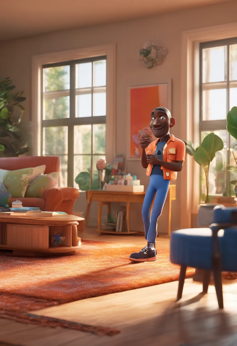 cover of a disney pixar film, black man, 40 years old, 100kg, bald and happy, in the background a living room. the name of the film is ZTV Streaming