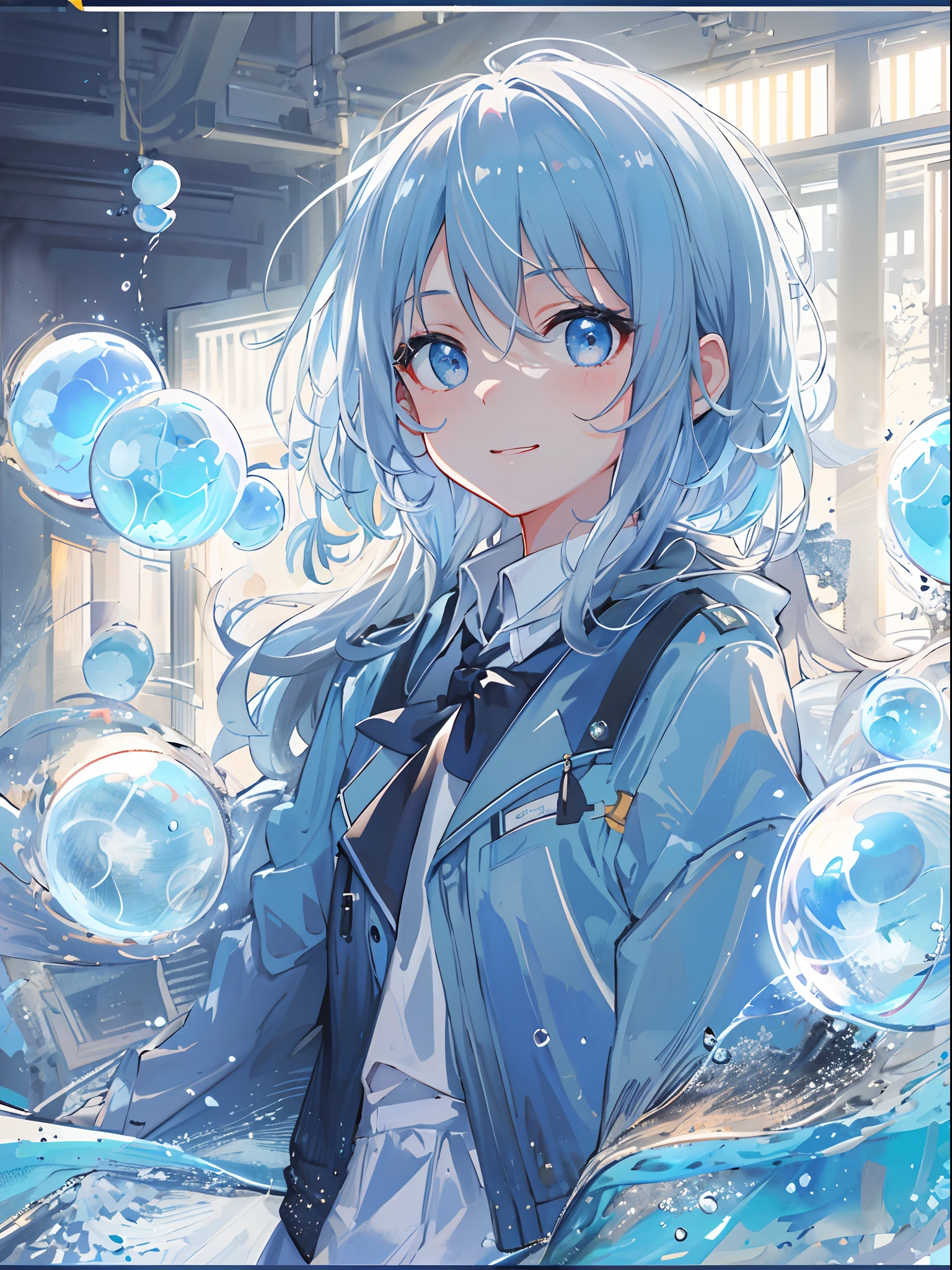 ((top-quality)), ((​masterpiece)), ((ultra-detailliert)), (Extremely delicate and beautiful), girl with, 独奏, cold attitude,((Black jacket)),She is very(relax)with  the(Settled down)Looks,A dark-haired, depth of fields,Evil smile,Bubble, under the water, Air bubble,bright light blue eyes,inner color with bright gray hair and light blue tips,,,,,,,,,Cold background,Bob Hair - Linear Art, shortpants、knee high socks、White uniform like school uniform、Light blue ribbon ties、Clothes are sheer、Hands in pockets、Bright eyes like sapphire,Fronllesse Blue, A small blue light was floating、Upper Eyes、foodie, Bright white hair、Light blue clothes