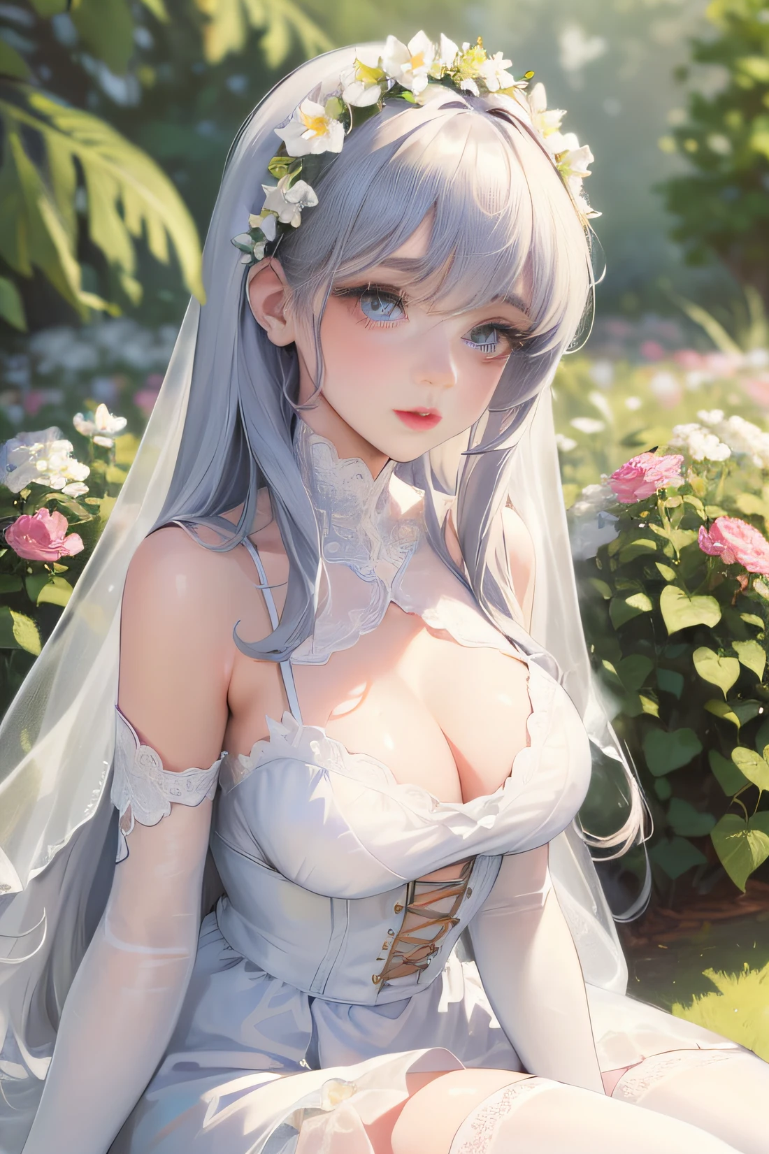 (best quality,4k,8k,highres,masterpiece:1.2),ultra-detailed,realistic,girl in white stockings,soft and delicate fabric,beautiful detailed eyes and lips,long eyelashes,bright natural lighting,whimsical garden background,blurred foreground bokeh,vivid colors,portrait