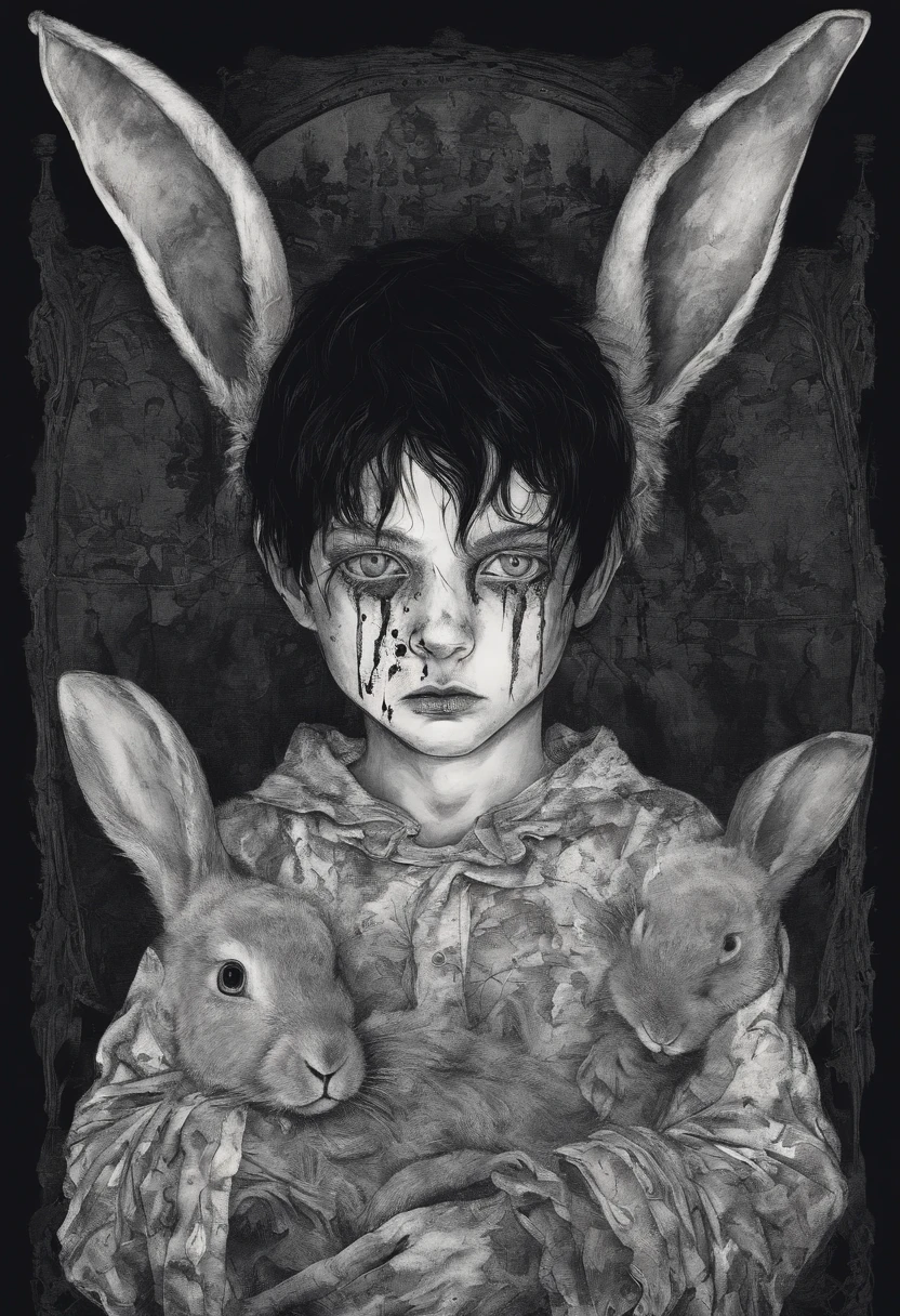 Child boy with black hair and blue eyes,in pajamas with bunnies,face covered in blood,smiling at camera