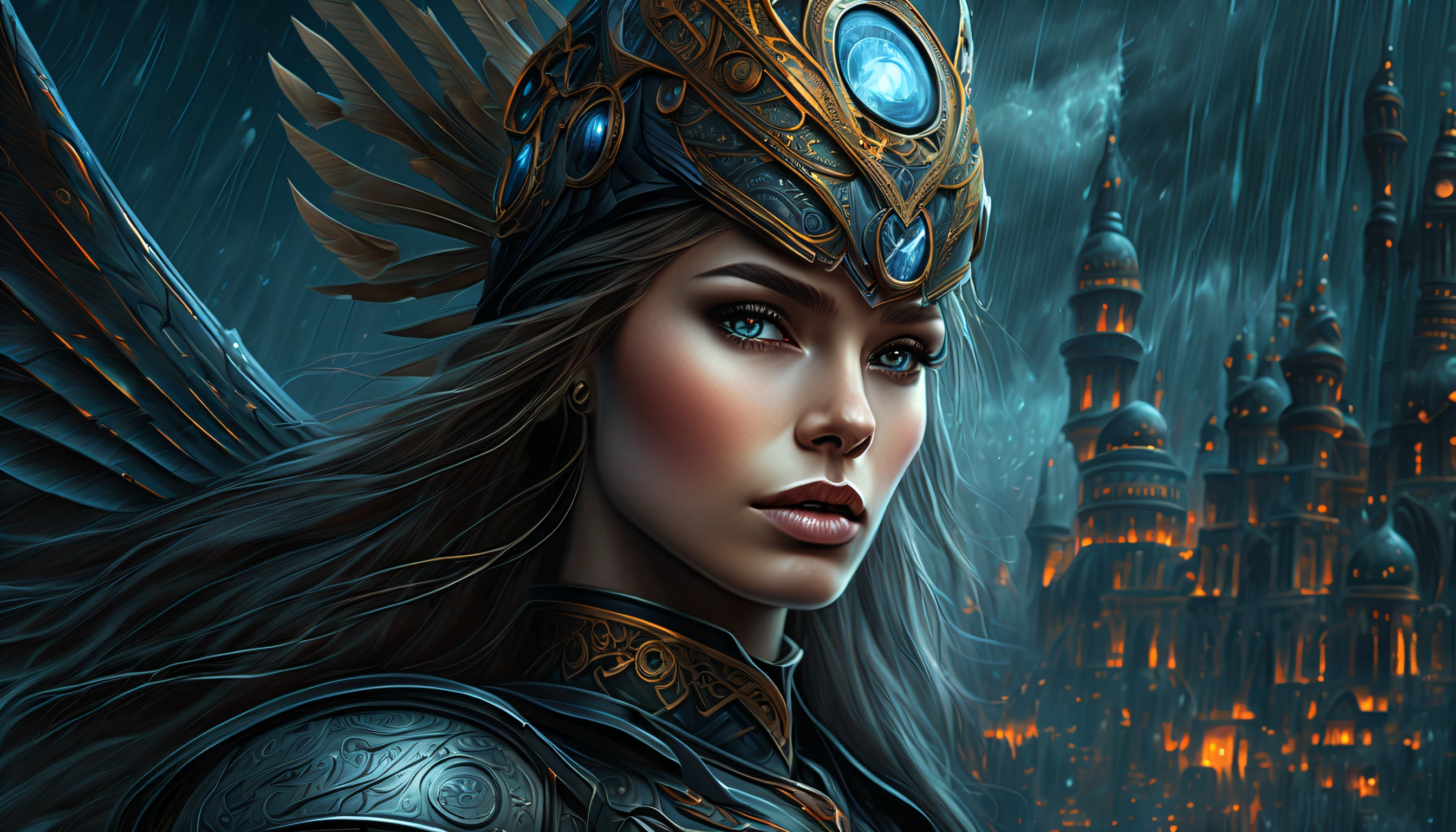(((perfect representation rain true night:1.5))), fierce determination, (((seems to be channeling the darkest of midnight rain:1.5))). connection to the dark elements, get lost in the beauty, stunning cityscape filled with fantastical buildings, dressed in elaborate, otherworldly attire, level of detail in truly remarkable, making perfect inspiration for generated image, imagination run wild with combines elements of dark fantasy and eternal fantasy, from the intricate details of the fantastical buildings to the ethereal beauty of the landscape, (((prepare to be amazed by the Valkyrie's illustration, a masterpiece of intricate details and stunning visuals:1.4))). white armor, symbol of purity and strength, expertly detail rendered with a touch of elegance. legendary spear, held delicately in her hand, adds to the overall grandeur of the image. veil of mist flows around her, her beauty and power are elevated to a whole new level. ultimate representation of perfection, a pen and gouache finest work, genius and creativity, stunning details and rich colors, it brings to life a dark fantasy world that is both dark and enchanting, unique twist to this already amazing masterpiece, use of various fantasy styles, along with skillful application of digital techniques, magical buildings and darkest fantasy landscapes merge to create a breathtaking scene, intricate details of the fantastical architecture,