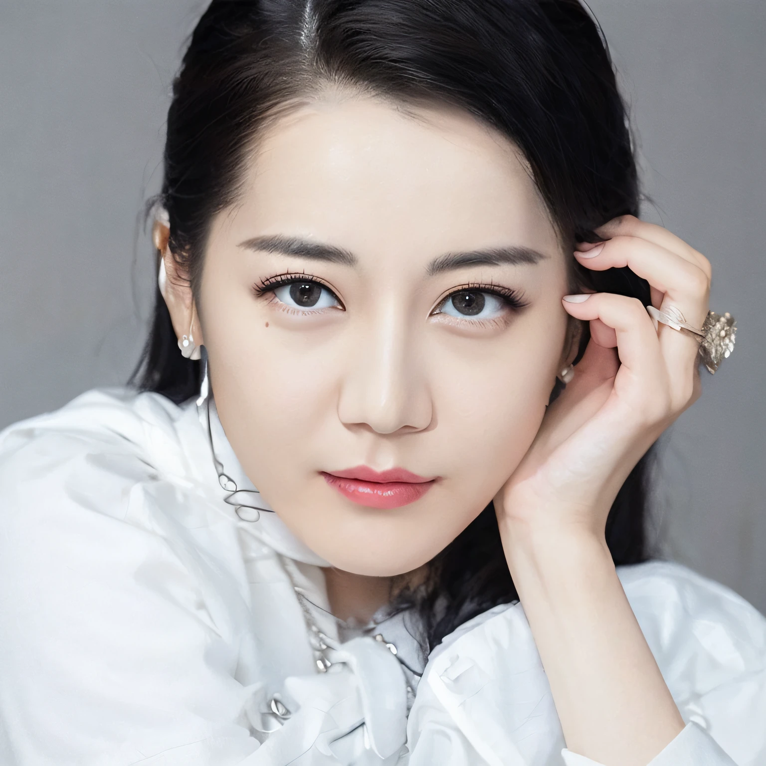arafed woman with a white shirt and a ring on her finger, sitting on a sofa, dilraba dilmurat, 奈良美智, lu ji, heise-lian yan fang, xianxia, li zixin, sha xi, yun ling, song nan li, lulu chen, yan, xue han