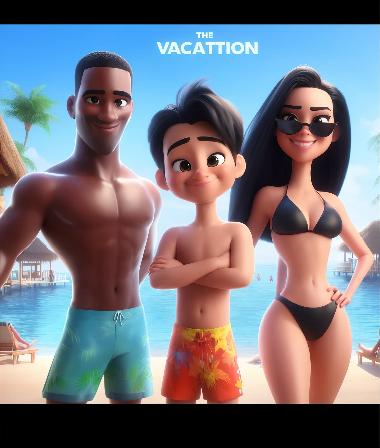 3D poster of a movie inspired by Disney pixar feature with the title: THE HOLIDAYS
With 3 characters:
1 homem negro adulto de 30 anos com cabelo curto, defined muscles. 
1 mulher adulta pele branca com olhos escuros com cabelo longo, in a bikini, cabelo preto e liso.
1 2 year old baby boy with his white skin color and black hair in sunglasses. 
All happy and excited about the scenery and beach background, dia ensolarado e piscina.