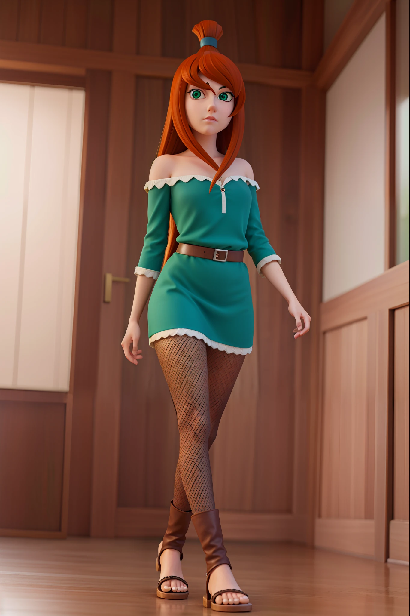 meiterumi, mei terumi, long hair, brown hair, (green eyes:1.5), topknot, hair covering one eye,
BREAK dress, bare shoulders, blue dress, sandals, fishnets,
BREAK cowboy shot, looking at viewer,
BREAK indoors,
BREAK (masterpiece:1.2), best quality, high resolution, unity 8k wallpaper, (illustration:0.8), (beautiful detailed eyes:1.6), extremely detailed face, perfect lighting, extremely detailed CG, (perfect hands, perfect anatomy),