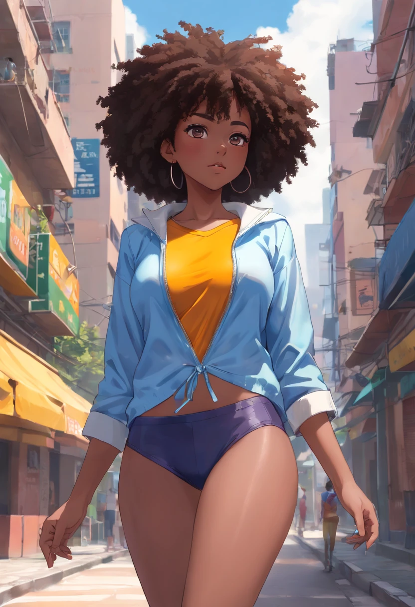 adolescente ((Piel africana oscura, very deep ebony skin)), ((Su belleza es innegable)), ((cara linda emocionada)), ((Ojos perfectos hiper detallados,)), ((Linda pose)), ((Idioma de salida)), ((seductor )), , (( Camisa de malla ajustada, pantalones cortos canchas )), ((Cola de caballo afro con pelo largo y rizado africano,)), (( piel)), ((Get up, Vista frontal)), ((Toca tus propias piernas en una pose )), ((afuera, Public city)), Sharp-focus CGI, photoreallistic, High detail, Realstic, Obra maestra, Absurdo, La mejor calidad, HDR, alta calidad, Hi-Def, extremadamente detallado, Fondo de pantalla de 8k, Detalles intrincados, 8k UHD, Full HD, (Foto realista:1.2), contraste, intense illumination, Cinematic lighting, natural  lighting, Luz dura, Contre-Jour, global ilumination, ambient-occlusion, Obra maestra, La mejor calidad, High resolution, solamente, grandes, adentro, Out-of-position bra, Tangas de corbata lateral, Picante, Ropa interior transparente, Dos muslos exagerados, desear, cama, Ropa interior despeinada, heavy breathing, Gender Expression