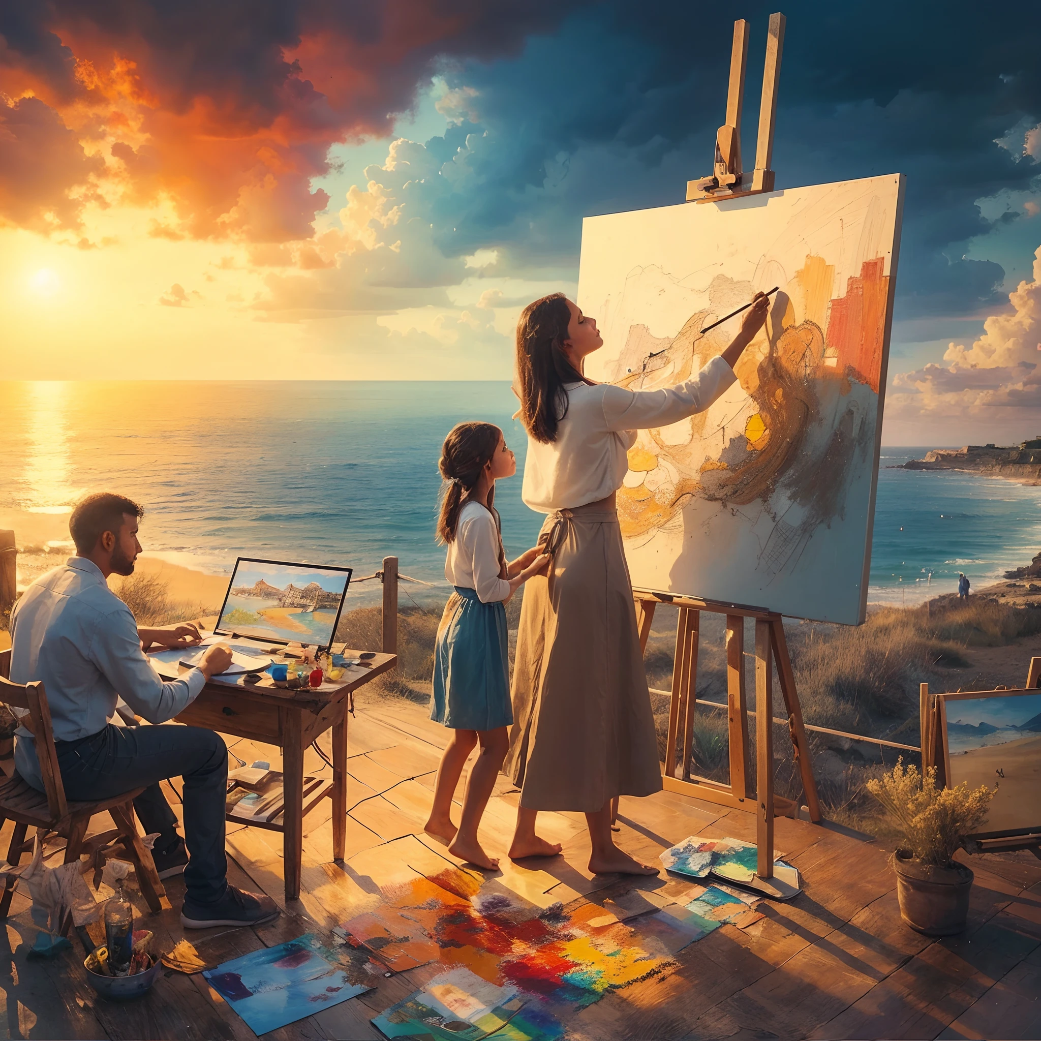 An artistic painting of Baraa. She is drawing a large canvas hanger. Next to her is a young girl helping her in drawing. Her daughter. The view is beautiful, looking at ease in front of the sea, and the man is on a computer next to them. The sun is rising. An artistic painting. I will send it to you. Colors that soothe the soul.