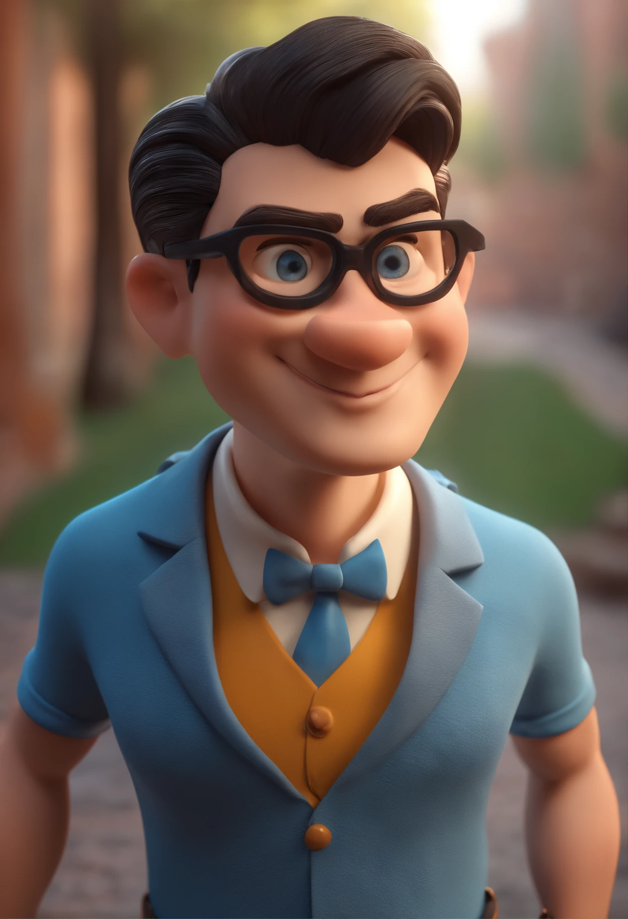 Cartoon character of a man with black glasses and a blue shirt, animation character, Caractere estilizado, animation style rendering, 3D estilizado, Arnold Maya render, 3 d render stylized, toon render keyshot, Personagem 3D, Personagem 3D, 3d rendering stylized, 3 d character render, personagem de desenho animado, Personagem de close up, Pose de personagem,  (Estilo Pixar) (master part:1.2) (Bokeh) (best quality) (pele detalhada) (textura detalhada) (8k) (argila) (Cinematic lighting) (foco nítido