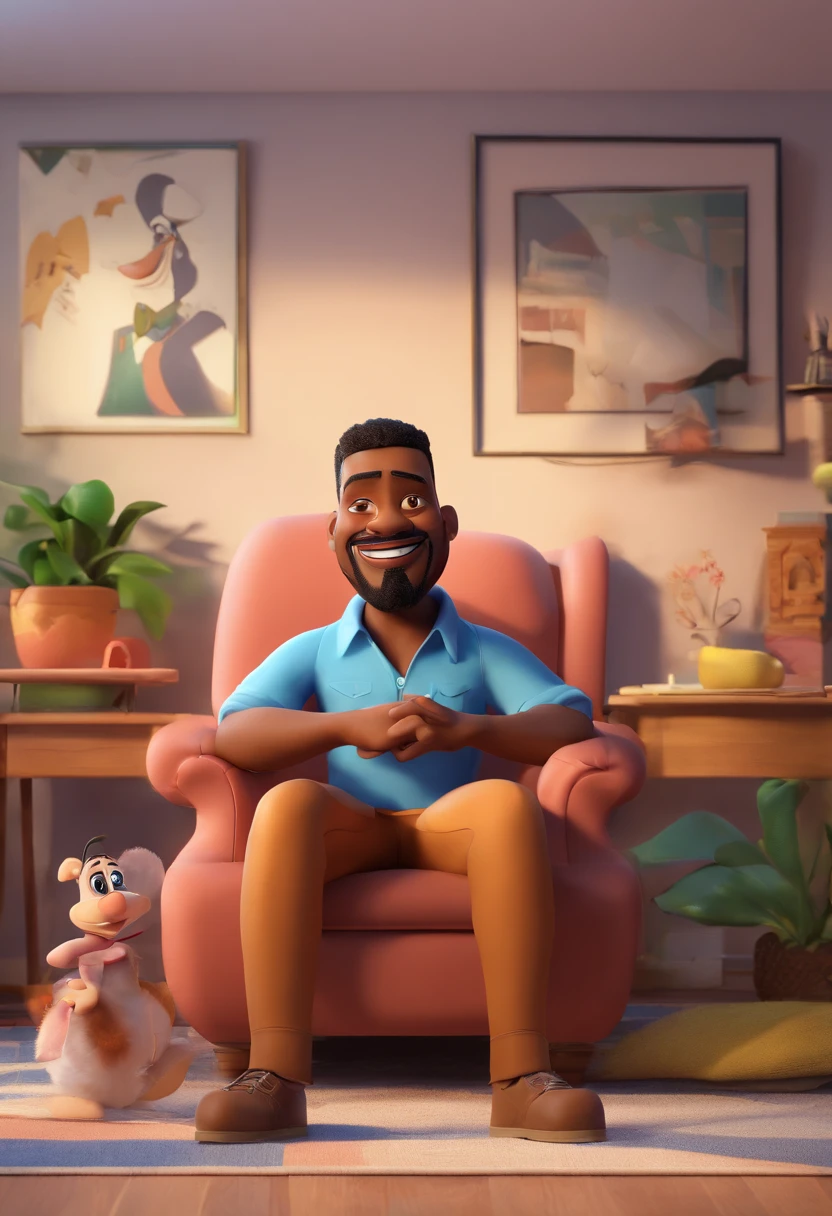 cover of a disney pixar film, black man with a goatee, 40 years old, 100kg and happy, in the background a living room. the name of the film is ZTV Streaming
