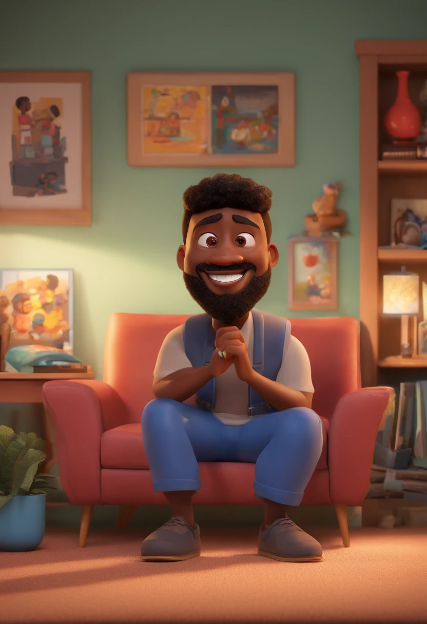 cover of a disney pixar film, black man with a goatee, 40 years old, 100kg and happy, in the background a living room. the name of the film is ZTV Streaming