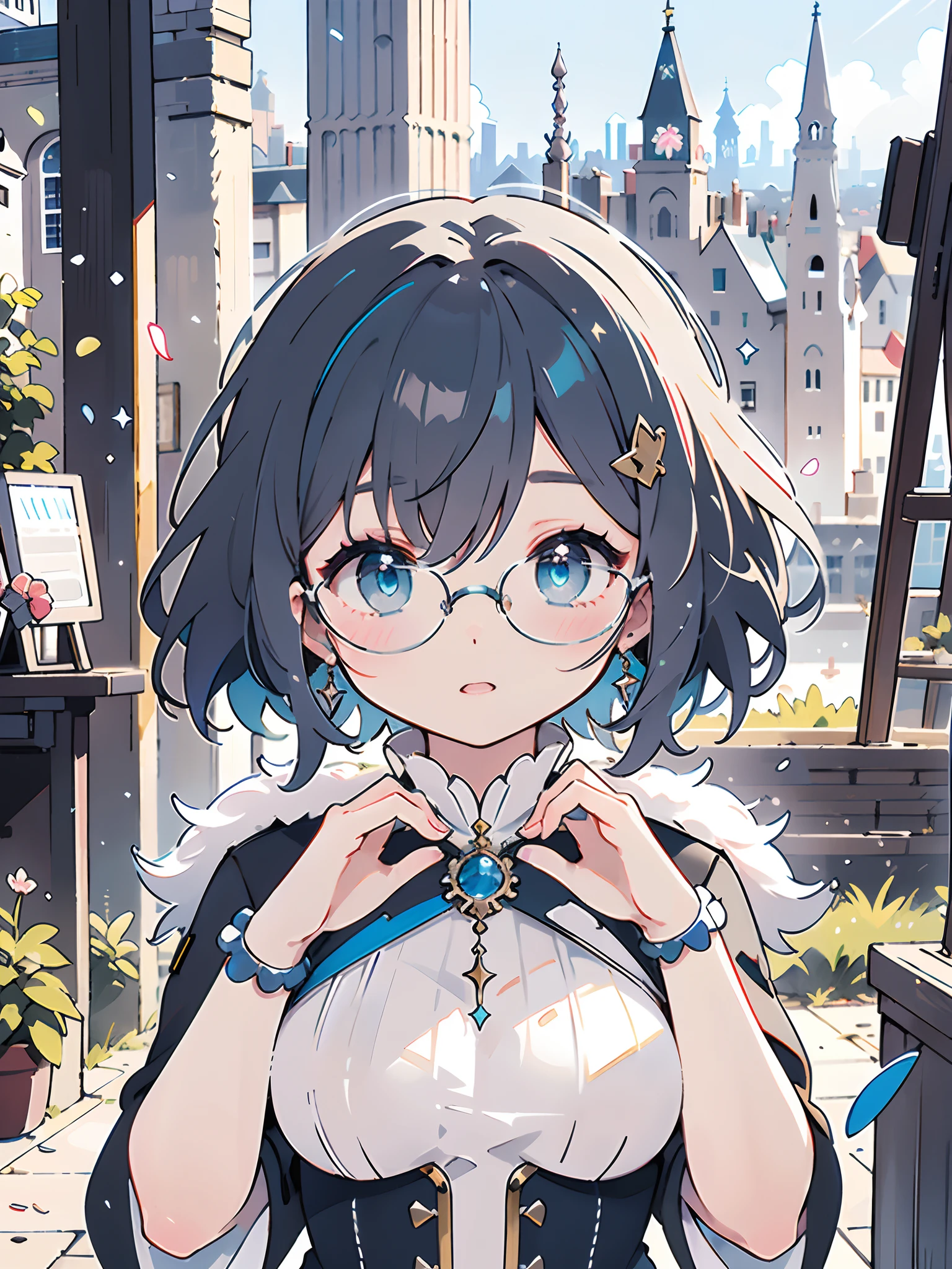 Best Quality, Ultra-detailed, Realistic, Fantasy, Magical Girl Witch, Facing the front,Light blue fluffy hair,Delicate Makeup, Anime style, Round glasses, Medieval cityscape