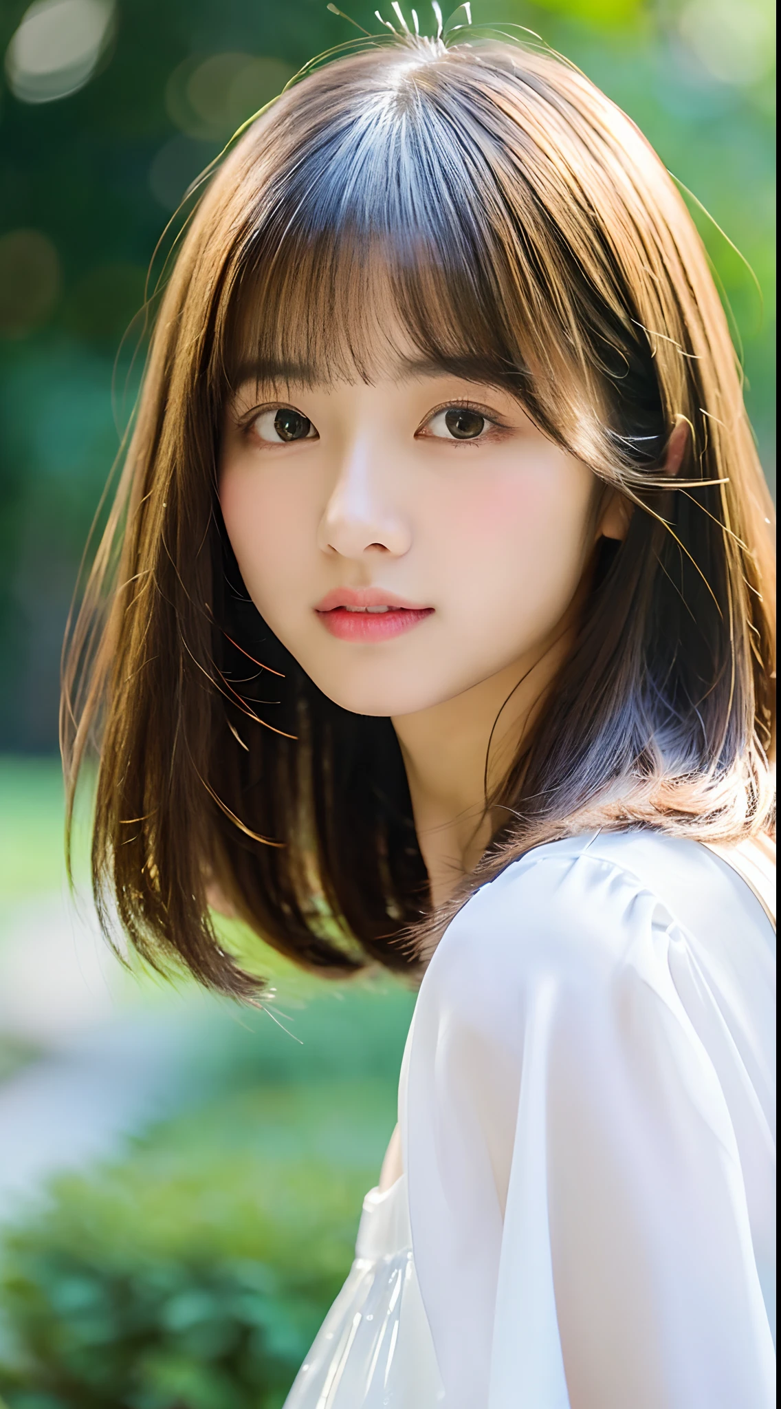 ((Beautiful and shiny、Very well-groomed straight bob hair))、plein air, solo,top-quality、The ultra -The high-definition、bangss (Beautiful fece:1.3) ((kawaii:1.3))、((sixteen years old)) White shirt Decolletage Natural color lips (Lori) Sense of cleanliness pure Half-open lips