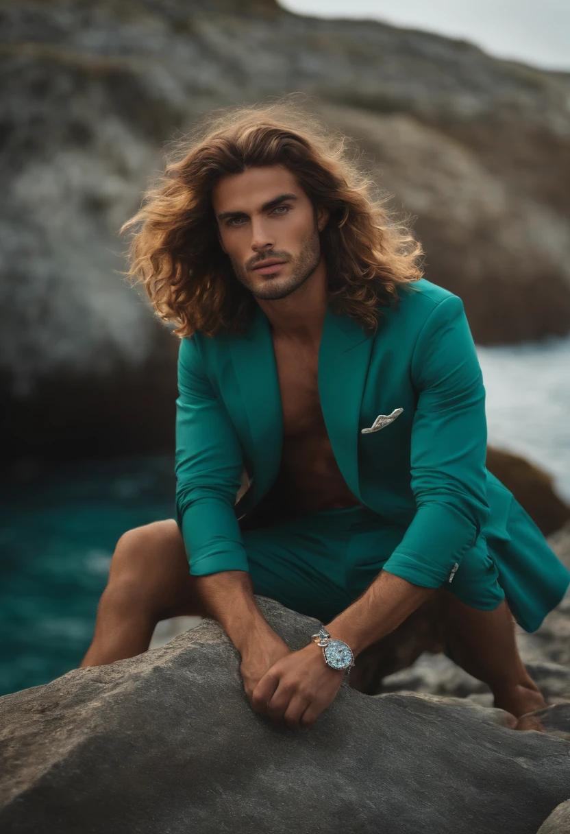 Ragazzo di trenta anni, capelli verdi, occhi azzurri, giacca tutta colorata con le braccia alzate fa un miracolo, separando il mare di fronte a lui.