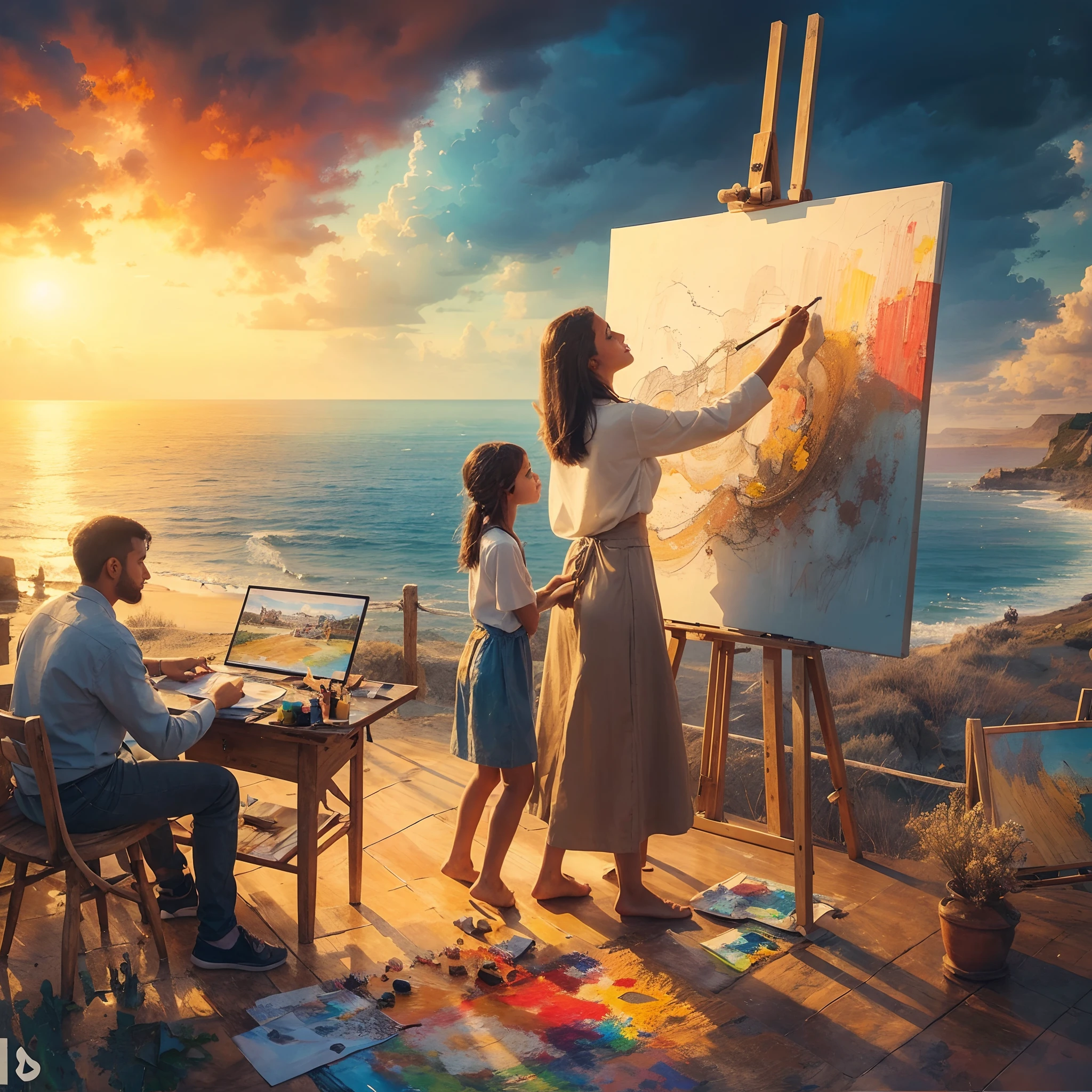 An artistic painting of Baraa. She is drawing a large canvas hanger. Next to her is a young girl helping her in drawing. Her daughter. The view is beautiful, looking at ease in front of the sea, and the man is on a computer next to them. The sun is rising. An artistic painting. I will send it to you. Colors that soothe the soul.