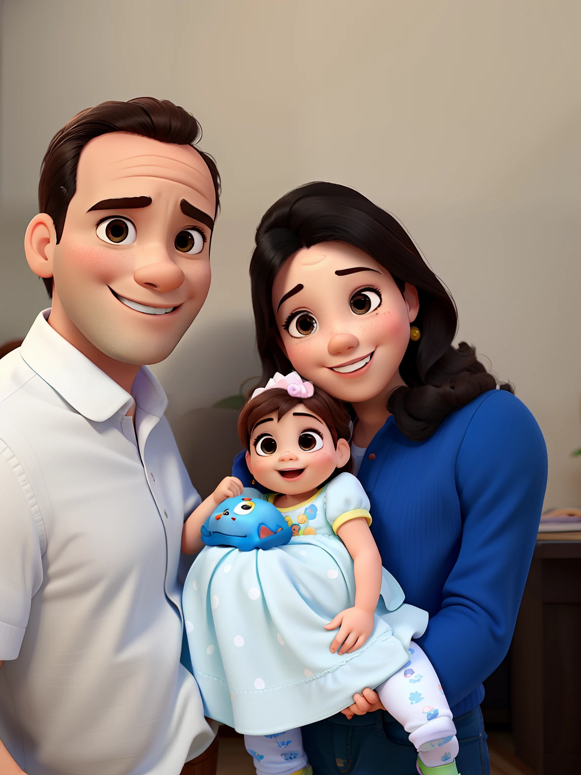 Casal feliz segurando uma bebe estilo Disney Pixar.