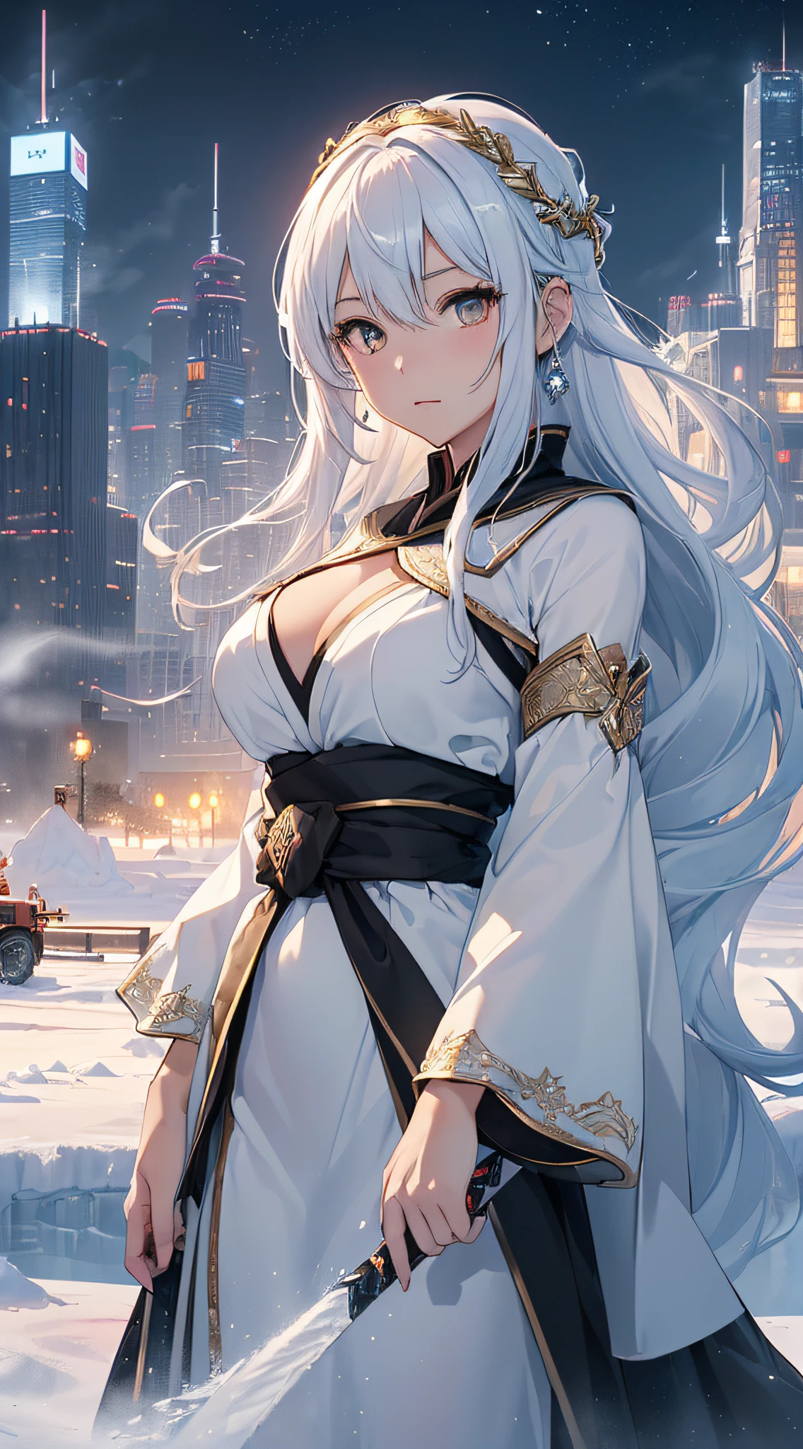 top-quality、Top image quality、masterpiece、girl with((18year old、Best Bust、Medium bust、Bust 85,beautiful golden eyes、Breasts wide open,Black semi-long hair、A slender、Large valleys、Reflecting the whole body、White Japanese Clothing、Ice Sword、Ice Magic Circle、deadpan))、hiquality、Beautiful Art、Background with((City of Ice、Iceville、ice tower、snow blowing、yuki、))、masutepiece、visualart、depth of fields、