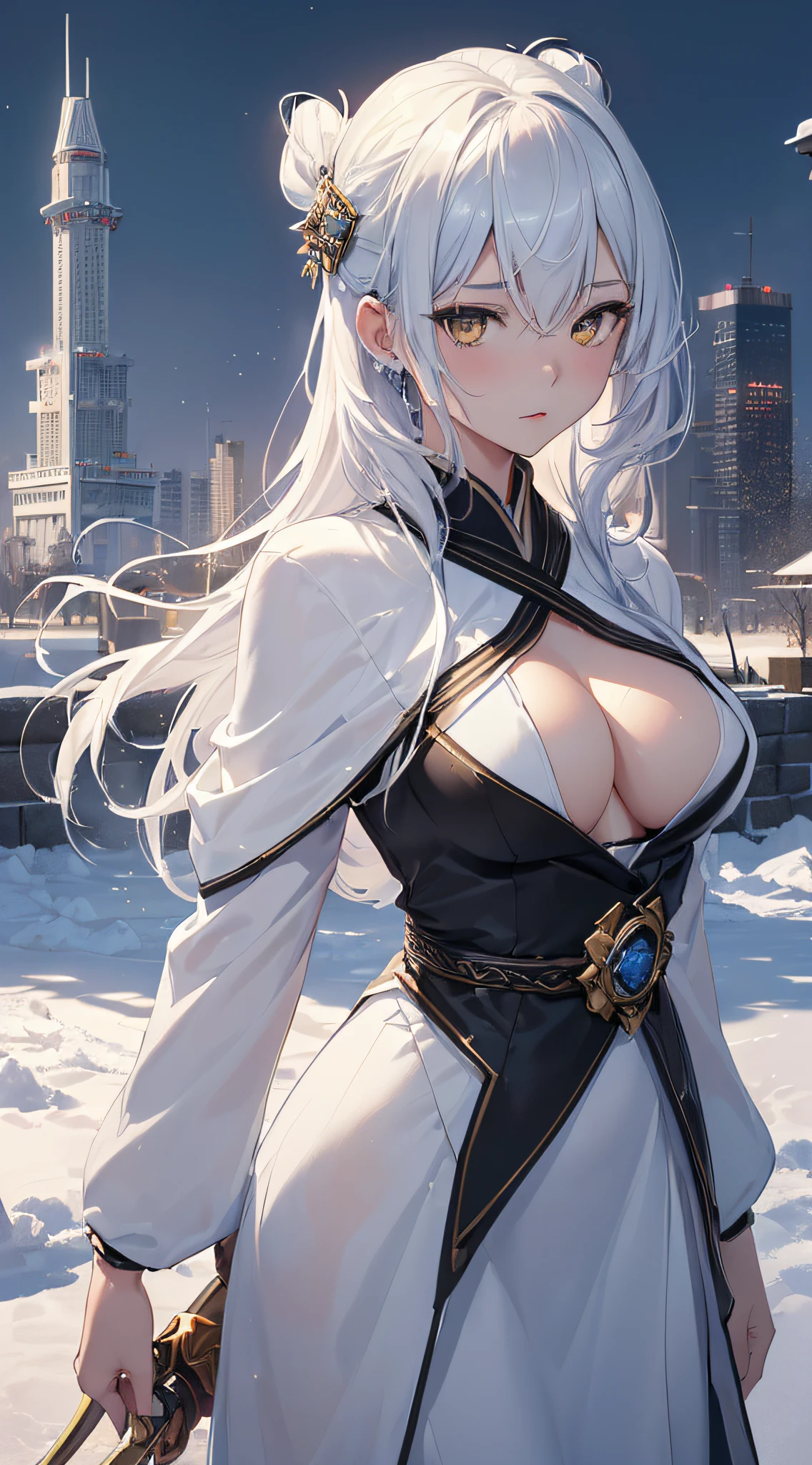 top-quality、Top image quality、masterpiece、girl with((18year old、Best Bust、Medium bust、Bust 85,beautiful golden eyes、Breasts wide open,Black semi-long hair、A slender、Large valleys、Reflecting the whole body、White Japanese Clothing、Ice Sword、Ice Magic Circle、deadpan))、hiquality、Beautiful Art、Background with((City of Ice、Iceville、ice tower、snow blowing、yuki、))、masutepiece、visualart、depth of fields、