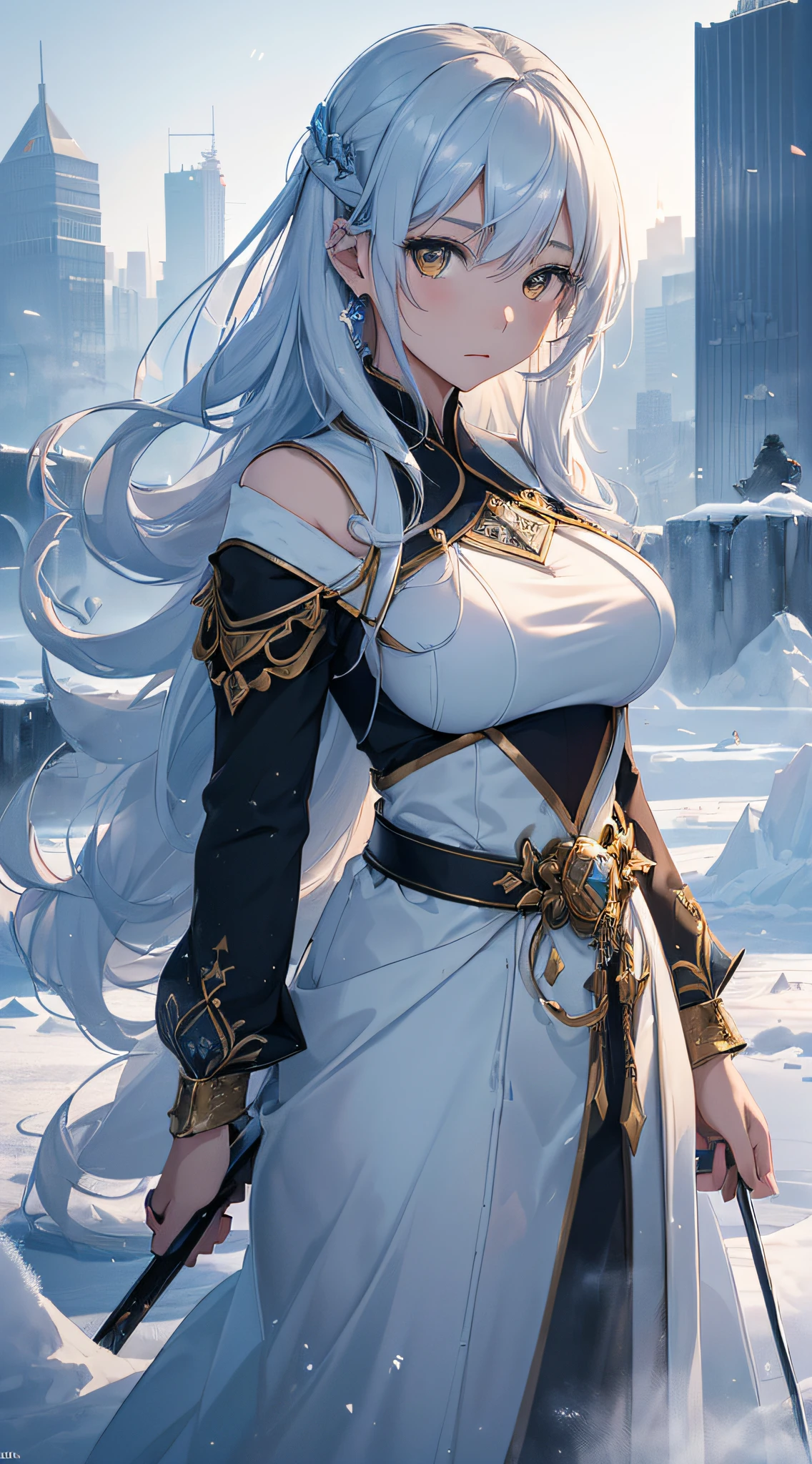 (best quality, finely detailed beautiful eyes, highres, beautiful detailed face),
BREAK
The image depicts a female character standing on a rock. She has long white hair and wears an outfit that includes a piece of cloth, with prominent armor on her right shoulder and arm. In her right hand, she holds a shining blue sword, which she points to the ground. This character appears to be a warrior or an important figure in a fantasy setting.
BREAK
The background is dramatic and otherworldly, featuring an expansive night sky with swirling clouds and nebulae. A huge celestial body, resembling a moon or planet, emits a soft blue light that illuminates the entire scene. Below the character, the mountainous terrain is dotted with many lights from nighttime cities and civilizations.
BREAK
The overall composition conveys themes of adventure, solitude, and contemplation, with a mystical atmosphere created by the contrast between the dark landscape and the glowing sky.