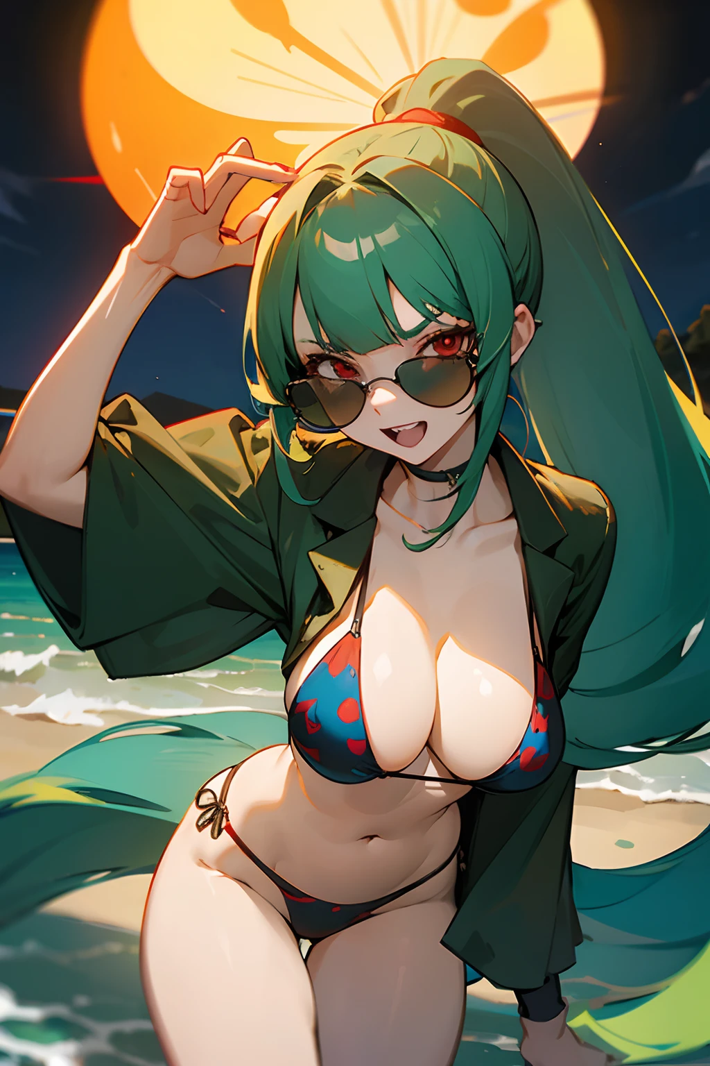 Woman with super long hair、blue green hair、Big ponytail、Mushroom cut hairstyle、wears sunglasses、red eyes、Jagged teeth、Bikini swimwear、midnight、night beach