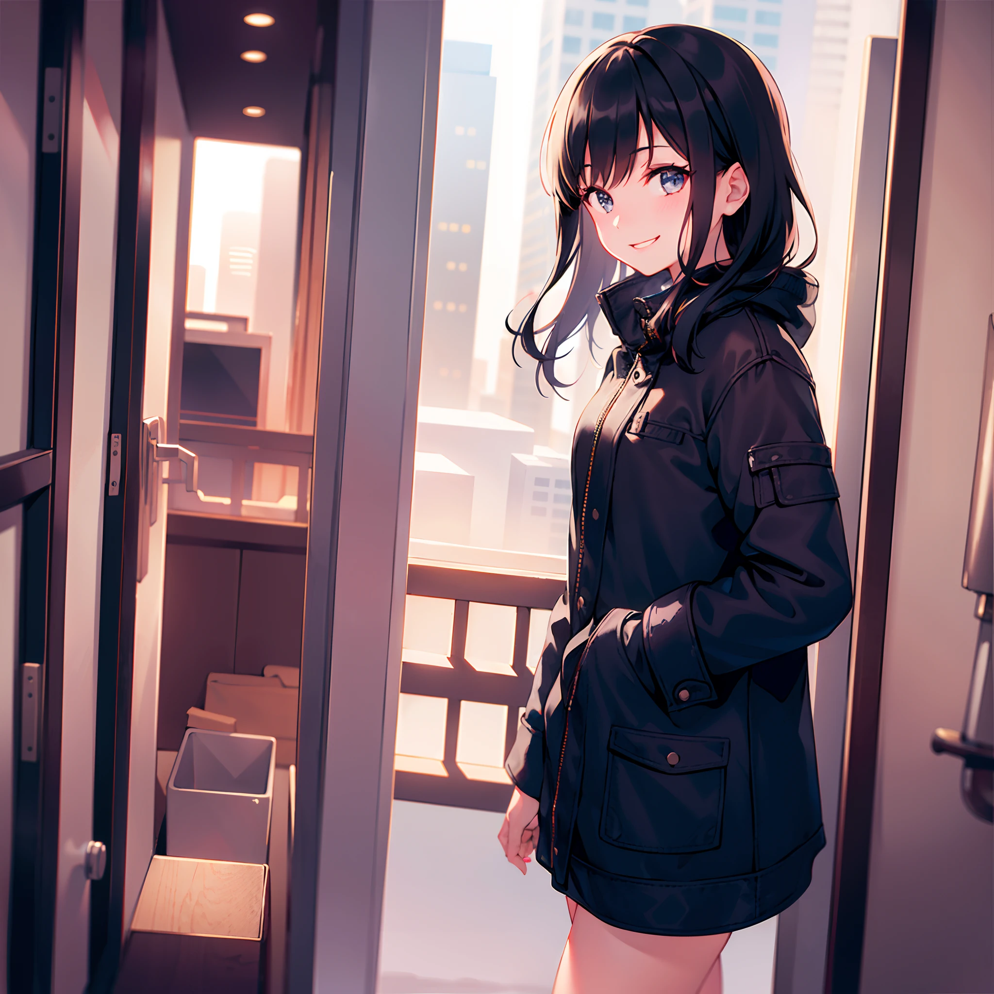 (morning), one girl, one, looking viewer, winter, cowboy shot, (downtown), cowboy shot, smile, black hair