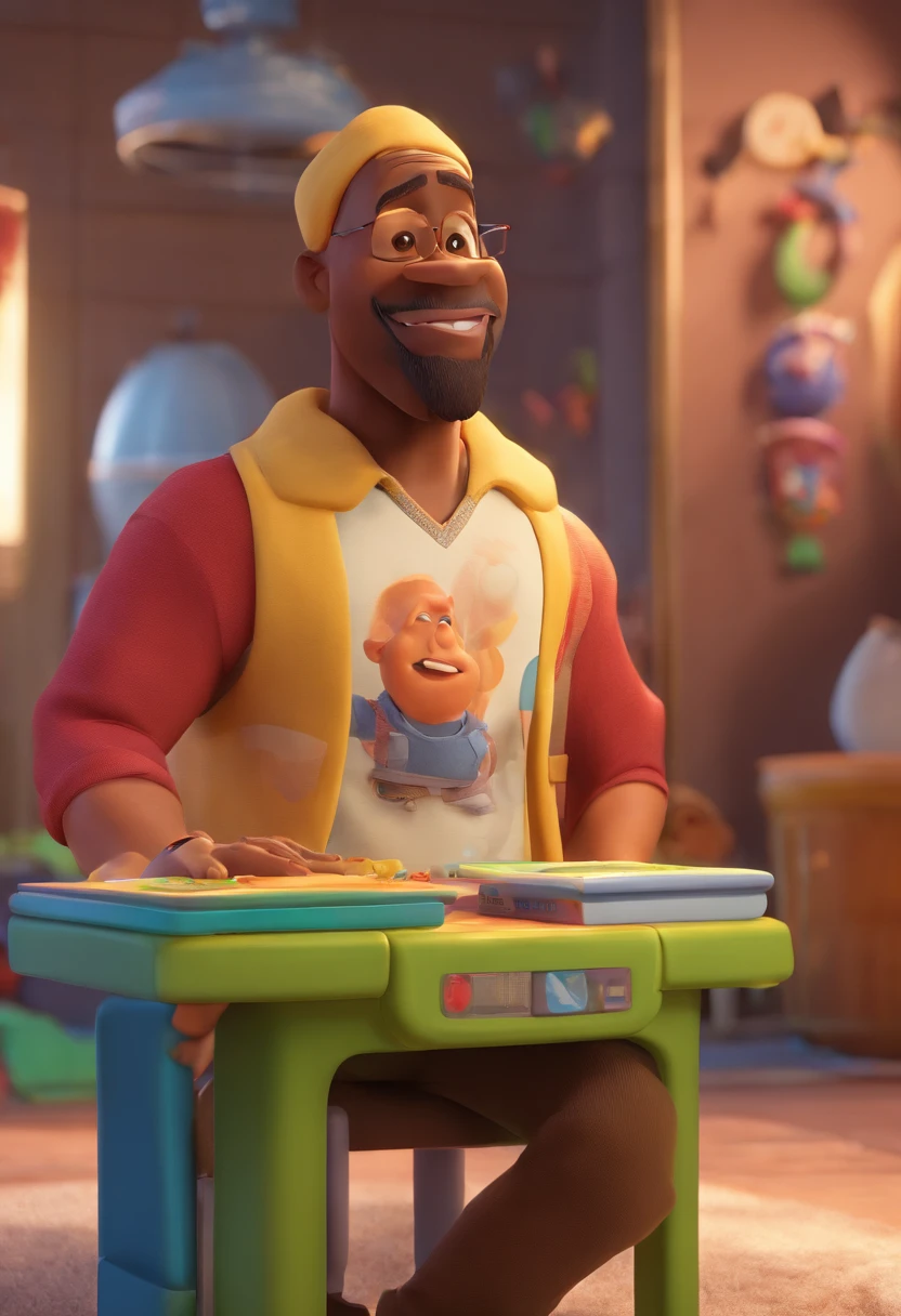 cover of a disney pixar film, bald black man with a goatee, 40 years old, 100kg and happy, the name of the film is ZTV Streaming