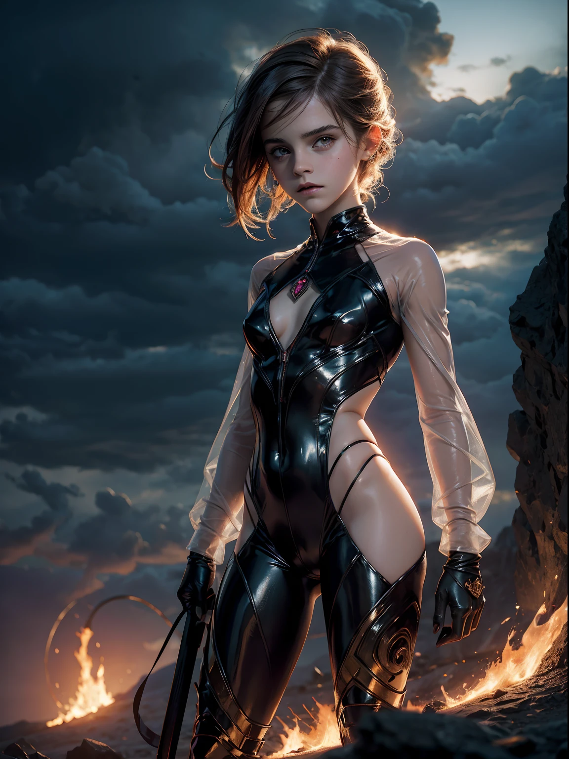night. Teen emma watson as a demoness girl, wearing transparent suit. translucent. background fire volcano. cloudy sky. --s 1000