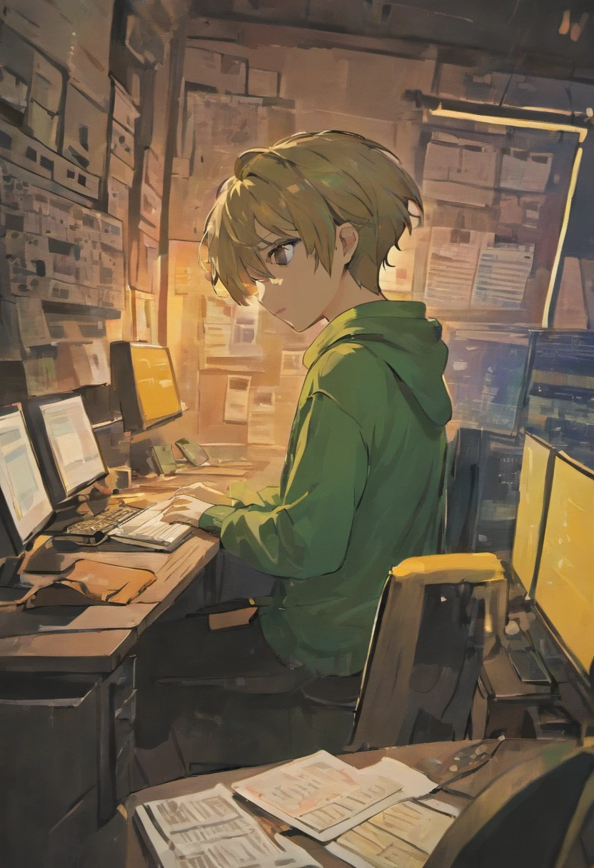 There's a man sitting at a desk with two computer monitors, sentado em um computador, sentado em frente ao computador, olhando para o monitor, displaying stock charts, sentado em uma mesa de computador, na frente de um computador, trading, trading stocks,