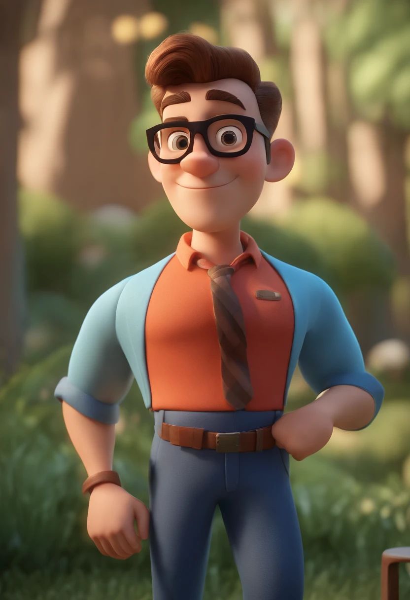Cartoon character of a man wearing black glasses and a blue shirt, um personagem animado, Caractere estilizado, animation style rendering, 3D estilizado, Arnold Maya render, 3 d render stylized, toon render keyshot, Personagem 3D, Personagem 3D, 3d rendering stylized, 3 d character render, personagem de desenho animado, Personagem de close up, Pose de personagem, (Estilo Pixar) (master part:1.2) (Bokeh) (best quality) (pele detalhada) (textura detalhada) (8k) (argila) (Cinematic lighting) (foco nítido，Senta e vaza a parte superior do corpo