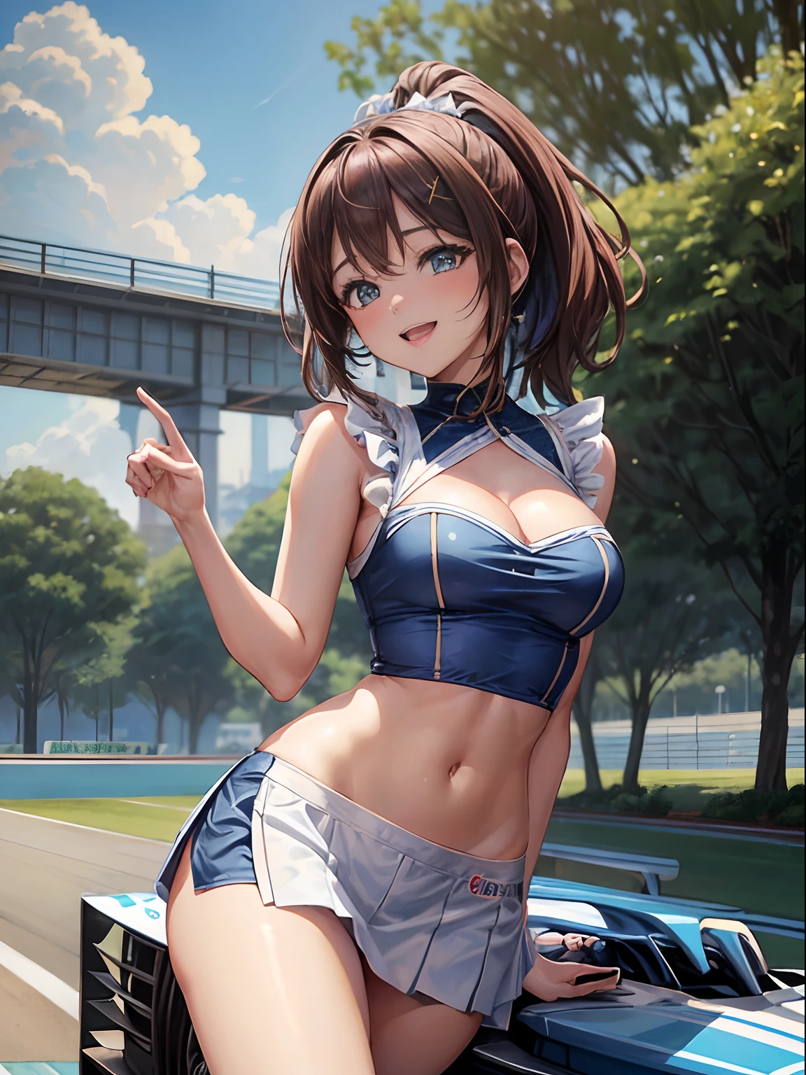top-quality、Full limbs、complete fingers、1girl in、((one beautiful women、独奏))、Beautiful Large Breasts、Medium Hair、poneyTail、brown haired、Race Queen Costume、((Blue and white tops with logo:1.5))、Woman in blue and white miniskirt、Exposing the belly、White arm cover、Tricolor parasol、Woman in long white boots、((F1 Key Circuit、Formula 1、F1、racing car))、Naughty Poses、A big smile、zoomed、composition seen from below