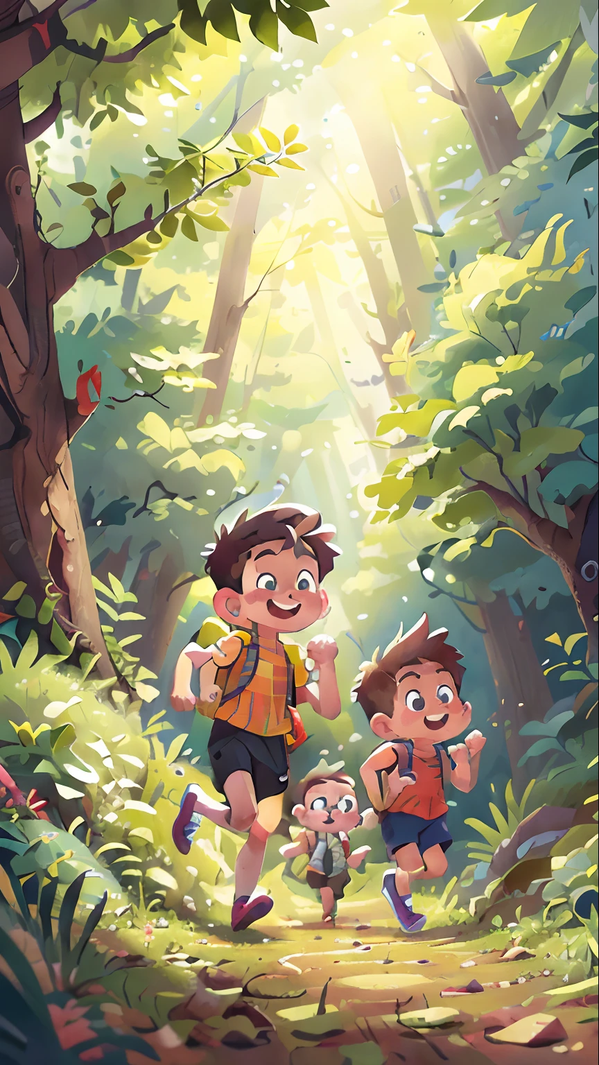 Poster design, (SFW), two running boys, spring outing, happy, backpack on back, forest in the background, perfect quality, clear focus, colorful, perfect face, intricate details, ultra-low viewing angle, wide angle lens