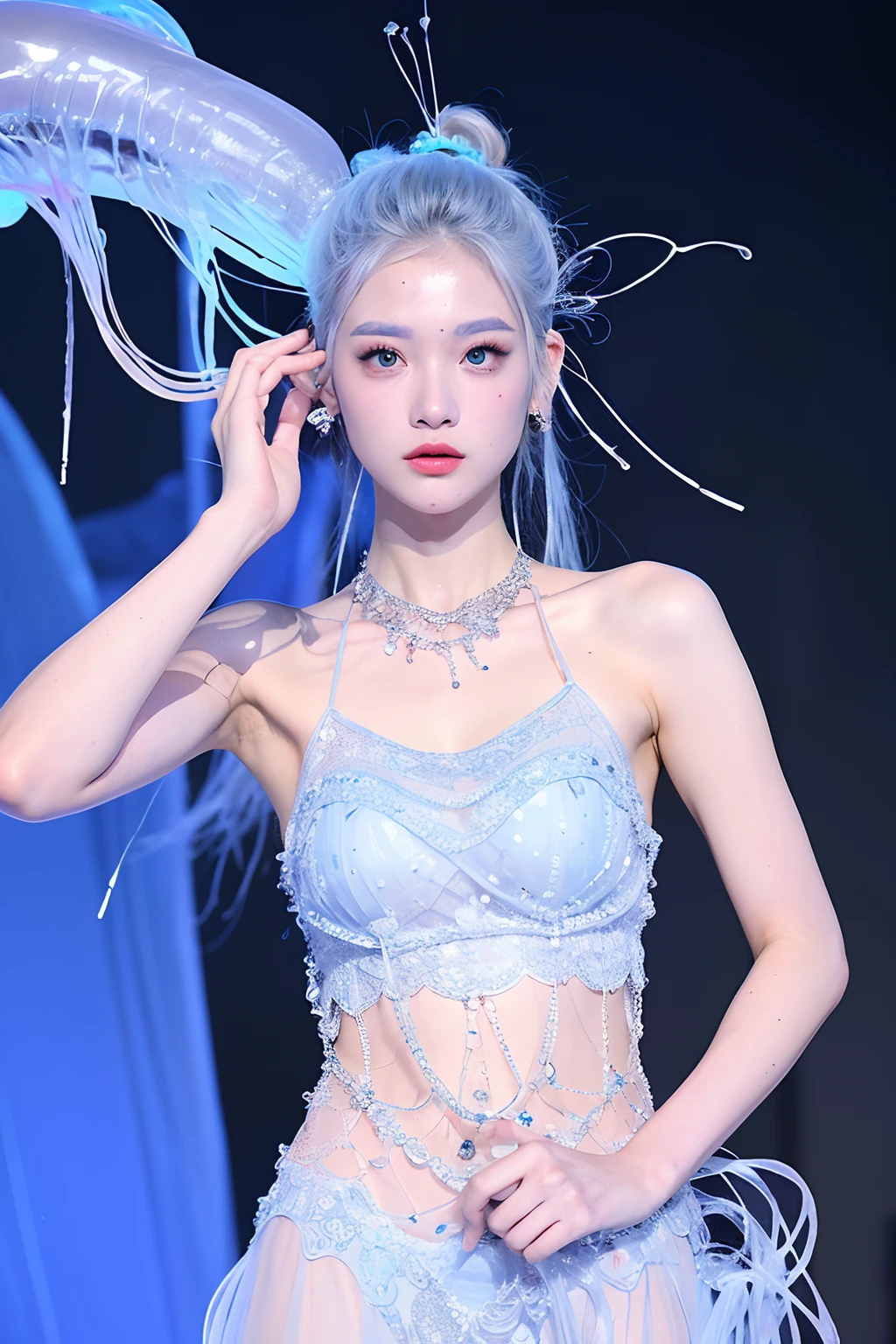 (extra detailed body、extra detailed face、best qualtiy:1.2)、femele、looking at the viewers、(Silver, light blue and blue gradient hair color、Wacky dress for a fashion show with a jellyfish motif、Fancy makeup、accessorized)、(Jellyfish tank in the background)