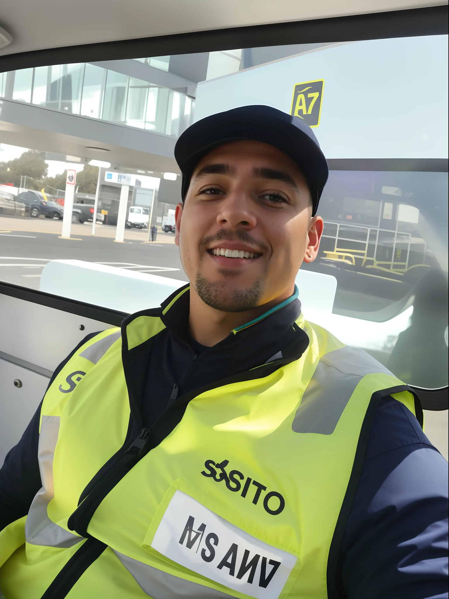 Man in yellow vest and hat sitting on a bus, Fotografia selfie 8k, Foto tirada em 2018, Adrien Girod, security agent, imagem limpa, Riyahd Cassiem, imagem completa, foto de perfil, tomada em 2 0 2 0, Fotografia tirada em 2 0 2 0, imagem do avatar, Iluminado!, last photo