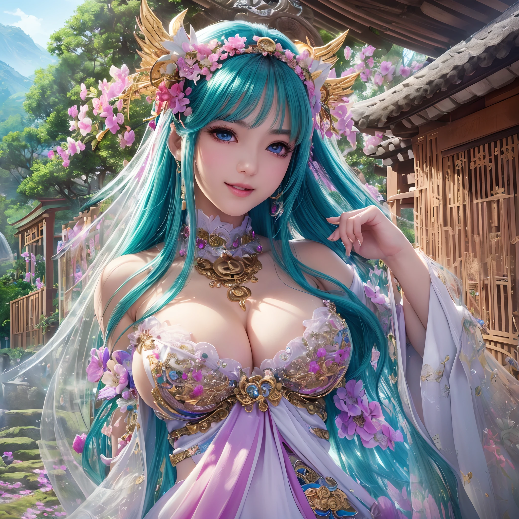 (Ultra Real), (Illustration), (High Resolution), (8K), (Very Detailed), (Best Illustration), (Beautiful and Detailed Eyes), (Best Quality), (Ultra Detailed), (Masterpiece), (Wallpaper), (Detailed Face), (Very Detailed Design, ), (Cleavage), (Very Beautiful Body Line), (Smile that captivates viewers)), (Very shiny skin), (Bare shoulders), ( (shrine maiden))),((Shrine maidens' costumes))