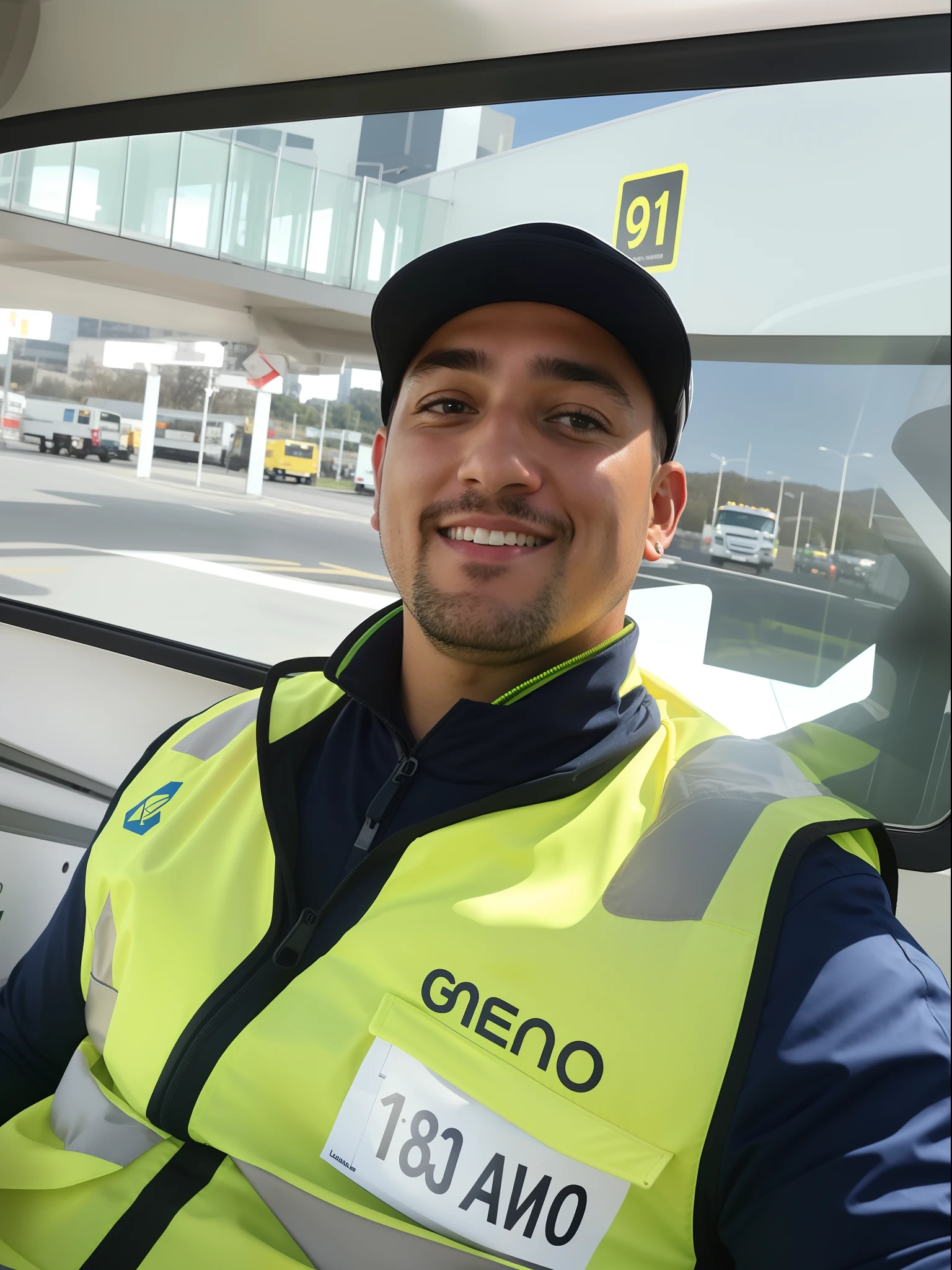 Man in yellow vest and hat sitting on a bus, Fotografia selfie 8k, Foto tirada em 2018, Adrien Girod, security agent, imagem limpa, Riyahd Cassiem, imagem completa, foto de perfil, tomada em 2 0 2 0, Fotografia tirada em 2 0 2 0, imagem do avatar, Iluminado!, last photo