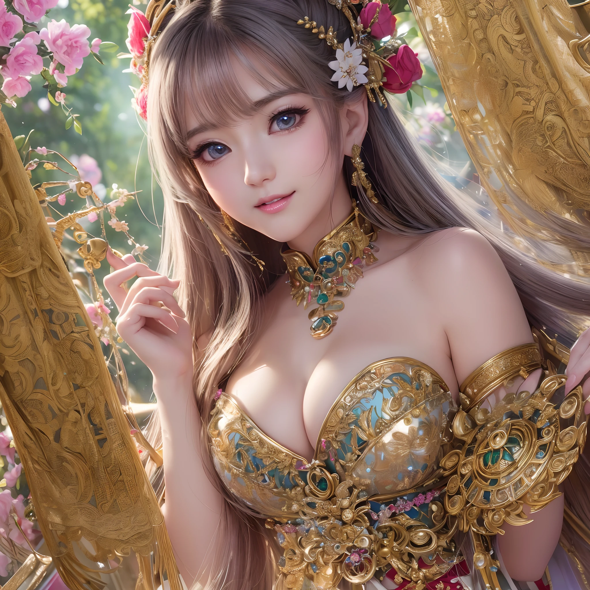 (Ultra Real), (Illustration), (High Resolution), (8K), (Very Detailed), (Best Illustration), (Beautiful and Detailed Eyes), (Best Quality), (Ultra Detailed), (Masterpiece), (Wallpaper), (Detailed Face), (Very Detailed Design, ), (Cleavage), (Very Beautiful Body Line), (Smile that captivates viewers)), (Very shiny skin), (Bare shoulders), ( （shrine maiden）））,((Shrine maidens' costumes))