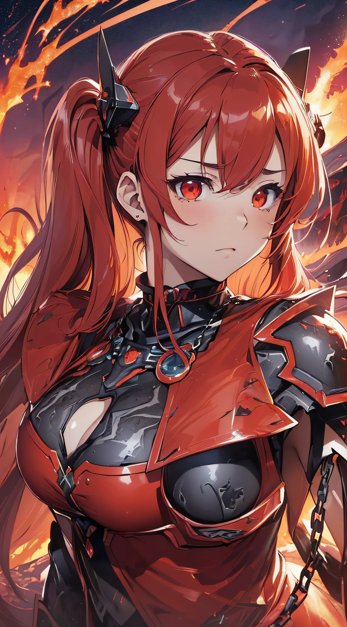 top-quality、Top image quality、​masterpiece、girl with((20yr old、Best Bust、big bast、Bust 85,Red eyes、Breasts wide open,Glowing red hair long twin tails、A slender、Large valleys、Red Lava Armor,Reflecting the whole body、Glowing red greatsword)）、hiquality、Beautiful Art、Background with((Red sky、lava、the magma、Erupted volcanoes、Meteorites falling from the sky、Meteor))、masutepiece、visualart、depth of fields、