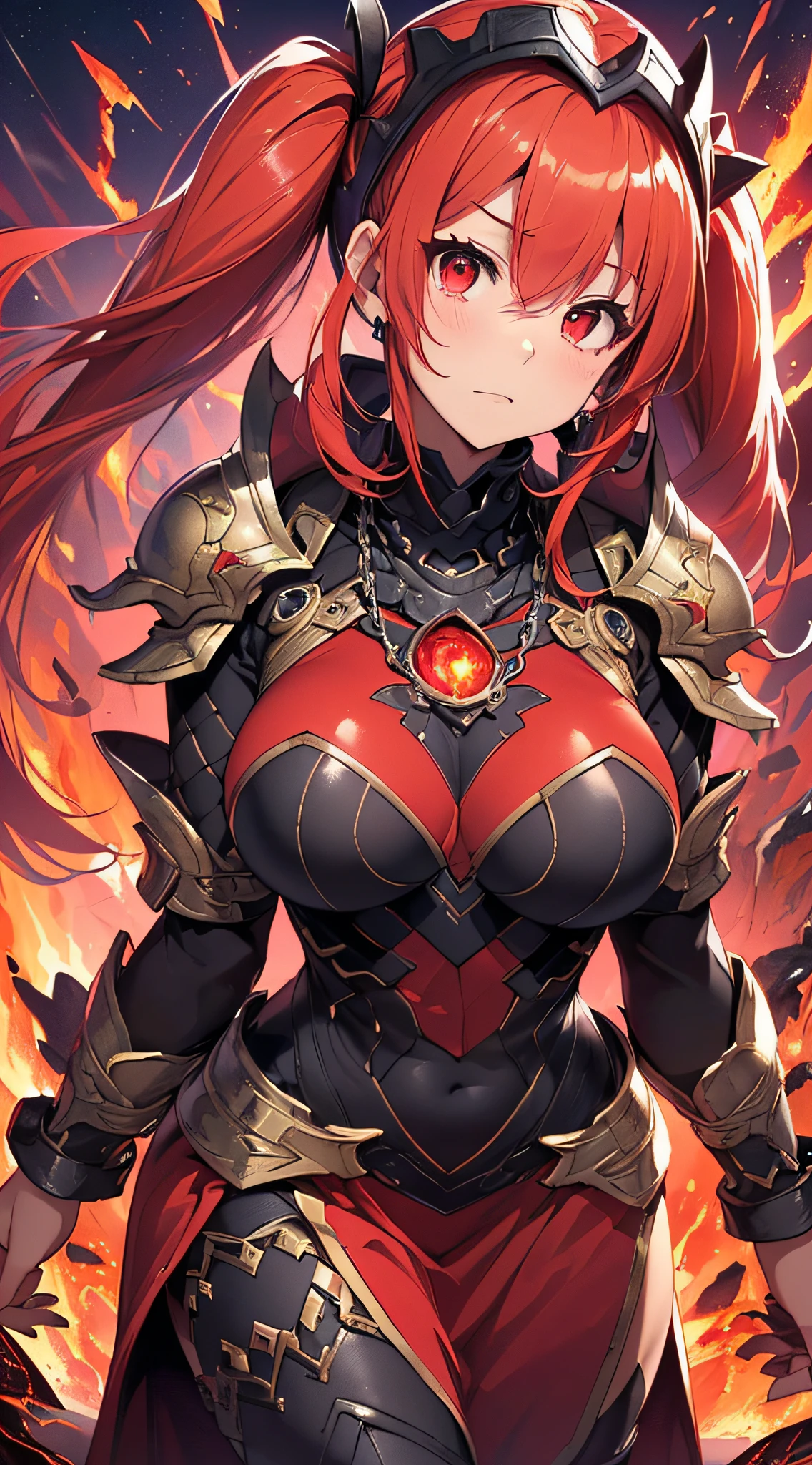 top-quality、Top image quality、masterpiece、girl with((20yr old、Best Bust、big bast、Bust 85,Red Eyes、Breasts wide open,Long twin tails with glowing red hair、A slender、Large valleys、Red dress、Red Magma Armor,Reflecting the whole body、Glowing Red Greatsword、High Heat Chain Accessories,Tsundere、Leaning forward))、hiquality、Beautiful Art、Background with((Red sky、lava、the magma、Erupted volcanoes、Meteorites falling from the sky、Meteor))、masutepiece、visualart、depth of fields、