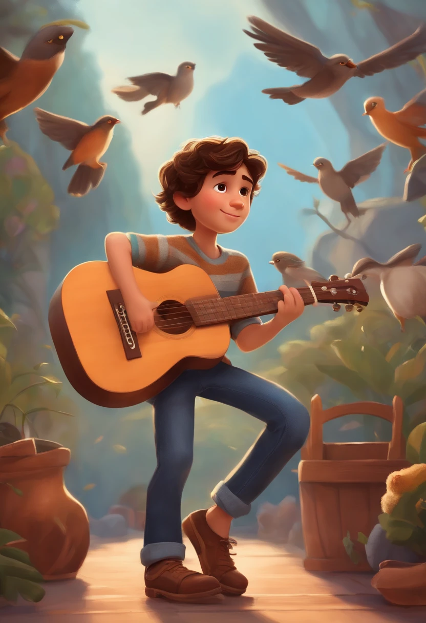crie um banner no estilo Pixar. A boy with brown brunette features with short hair, Castanhos escuros, Wavy and slightly grayish appearance, mas jovem, usando uma camiseta, Wearing jeans and holding a classical guitar with 7 strings.