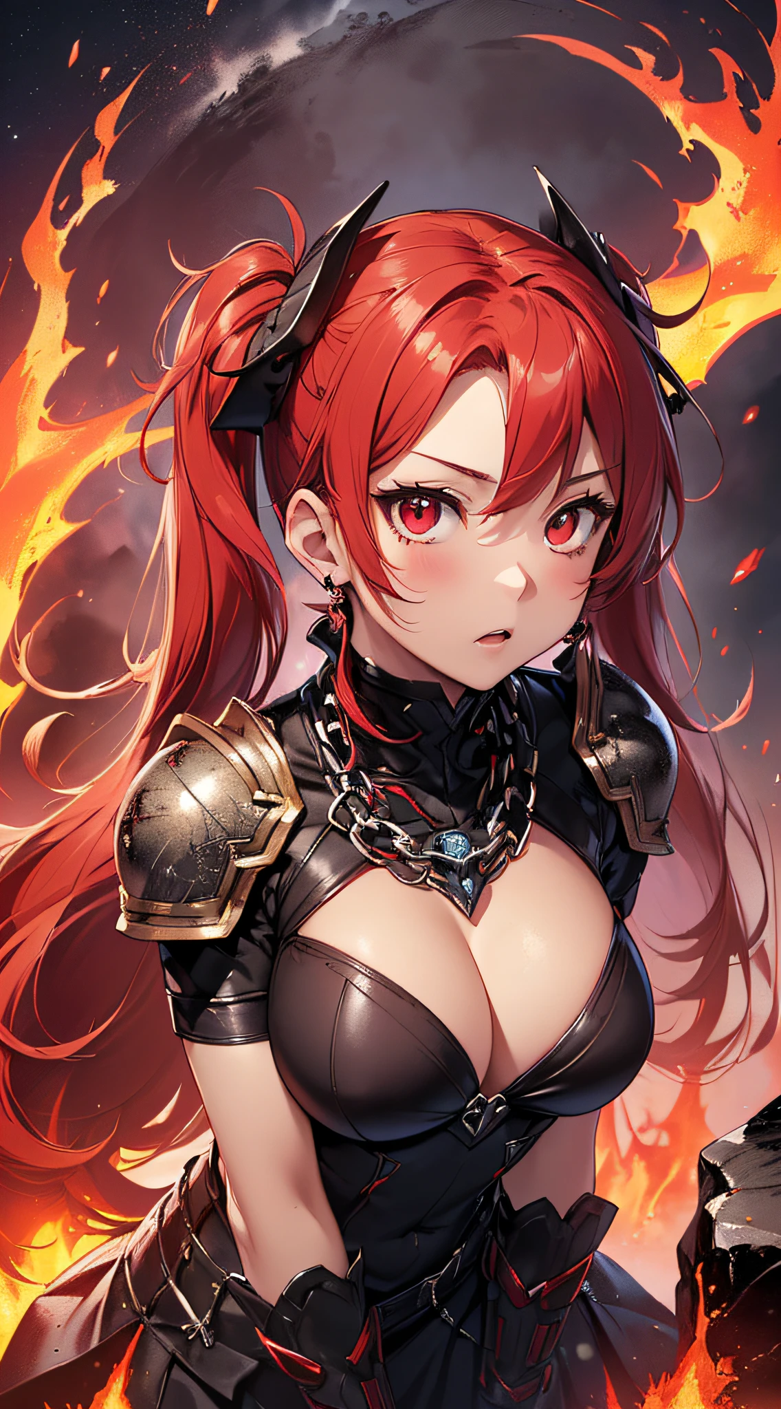 top-quality、Top image quality、​masterpiece、girl with((20yr old、Best Bust、big bast、Bust 85,Red Eyes、Breasts wide open,Long twin tails with glowing red hair、A slender、Large valleys、Red dress、Red Magma Armor,Reflecting the whole body、Glowing Red Greatsword、High Heat Chain Accessories,Tsundere、Leaning forward)）、hiquality、Beautiful Art、Background with((Red sky、lava、the magma、Erupted volcanoes、Meteorites falling from the sky、Meteor))、masutepiece、visualart、depth of fields、