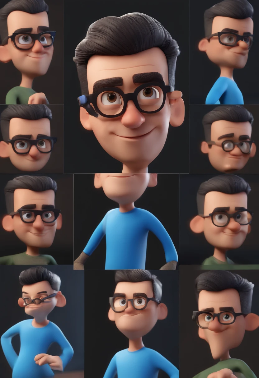 Cartoon character of a man with black glasses and a blue shirt, animation character, Caractere estilizado, animation style rendering, 3D estilizado, Arnold Maya render, 3 d render stylized, toon render keyshot, Personagem 3D, Personagem 3D, 3d rendering stylized, 3 d character render, personagem de desenho animado, Personagem de close up, Pose de personagem, (Estilo Pixar) (master part:1.2) (Bokeh) (best quality) (pele detalhada) (textura detalhada) (8k) (argila) (Cinematic lighting) (foco nítido