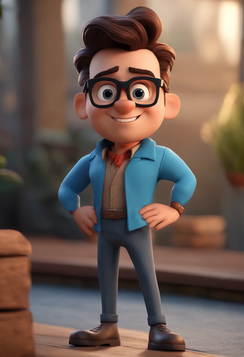 Cartoon character of a man with black glasses and a blue shirt, animation character, Caractere estilizado, animation style rendering, 3D estilizado, Arnold Maya render, 3 d render stylized, toon render keyshot, Personagem 3D, Personagem 3D, 3d rendering stylized, 3 d character render, personagem de desenho animado, Personagem de close up, Pose de personagem,  (Estilo Pixar) (master part:1.2) (Bokeh) (best quality) (pele detalhada) (textura detalhada) (8k) (argila) (Cinematic lighting) (foco nítido